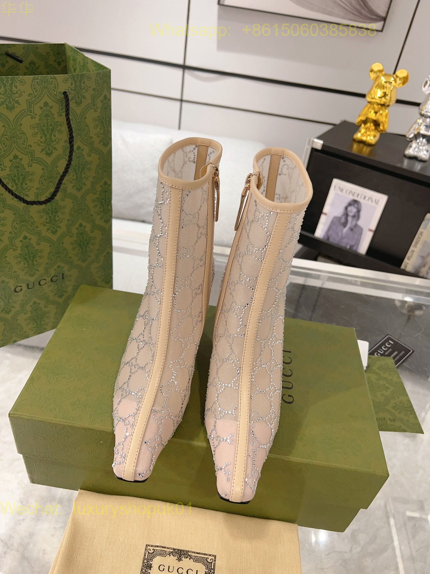 Gucci Mid Heel Ankle Boot Horsebit Mesh Leather Women Shoes