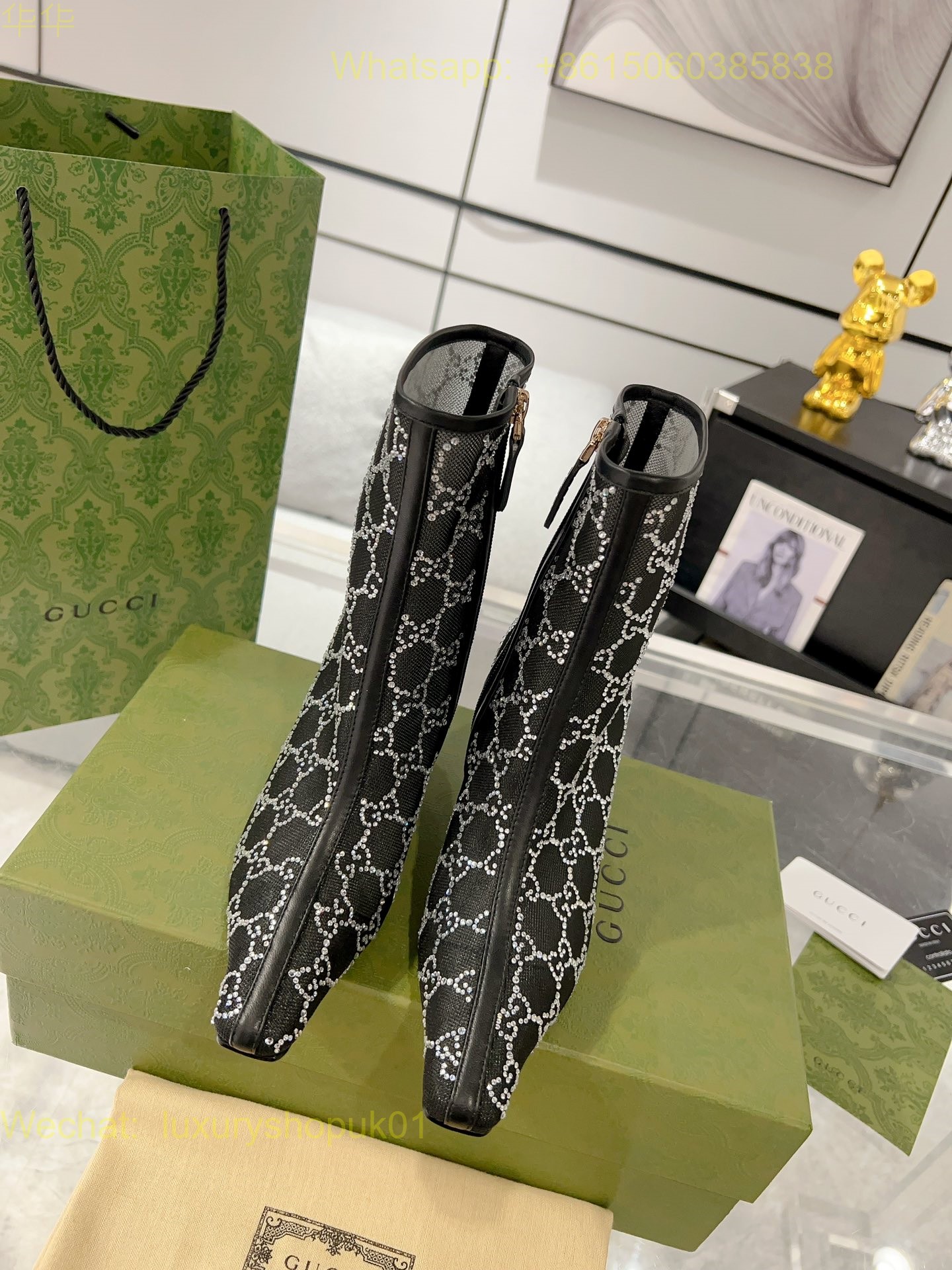 Gucci Mid Heel Ankle Boot Horsebit Mesh Leather Women Shoes