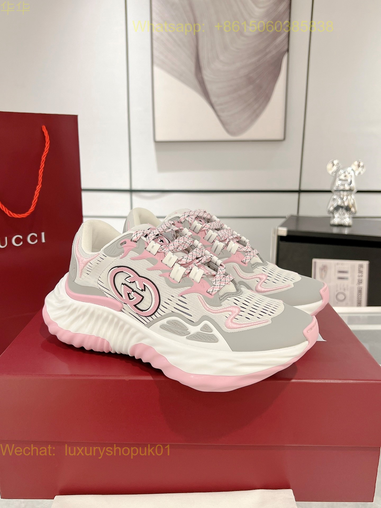 Gucci Ripple sneaker pale pink leather Mens Women Shoes