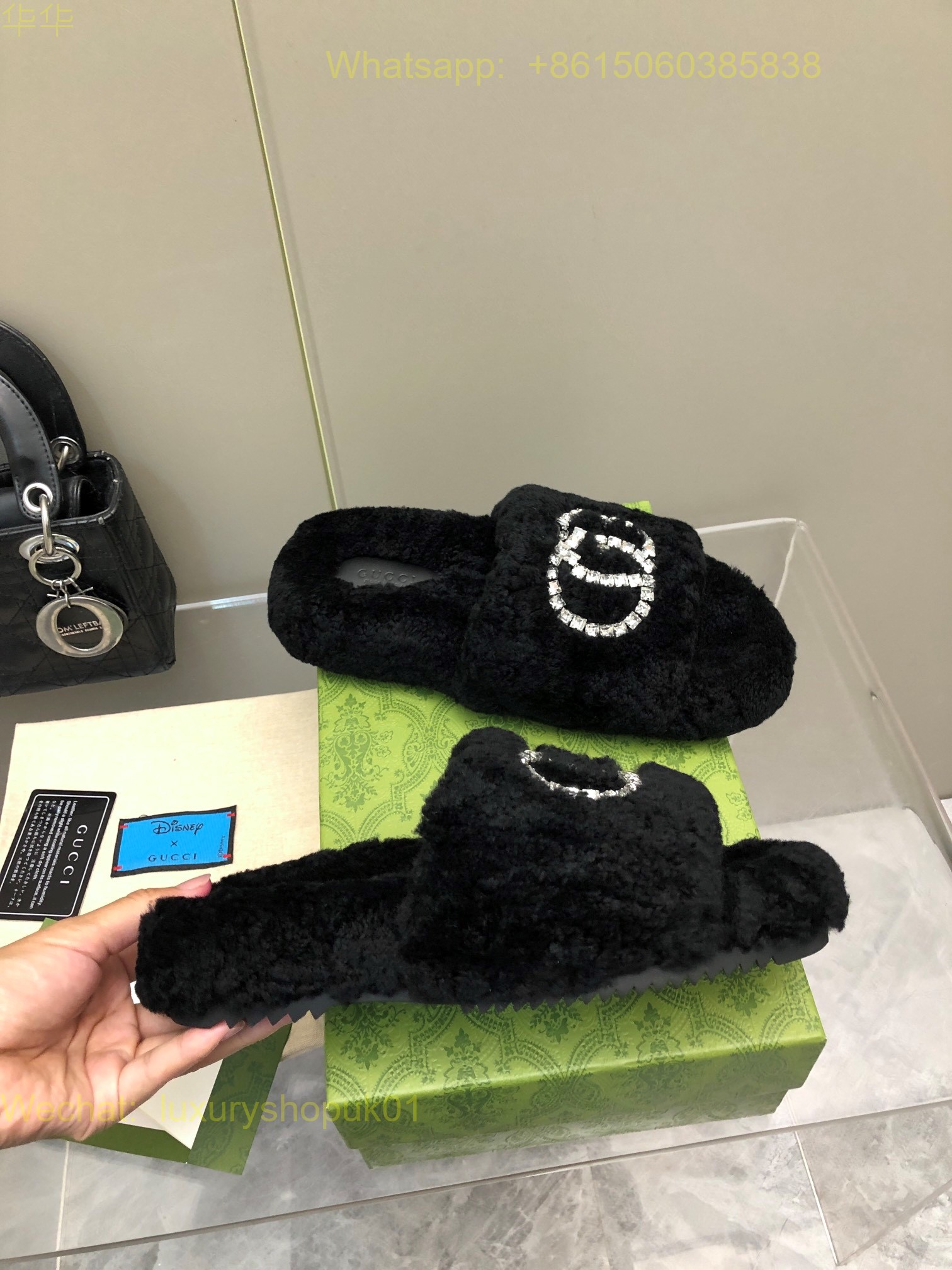 Gucci Shearling Fur Interlocking G Crystal Slides sandal Women Shoes