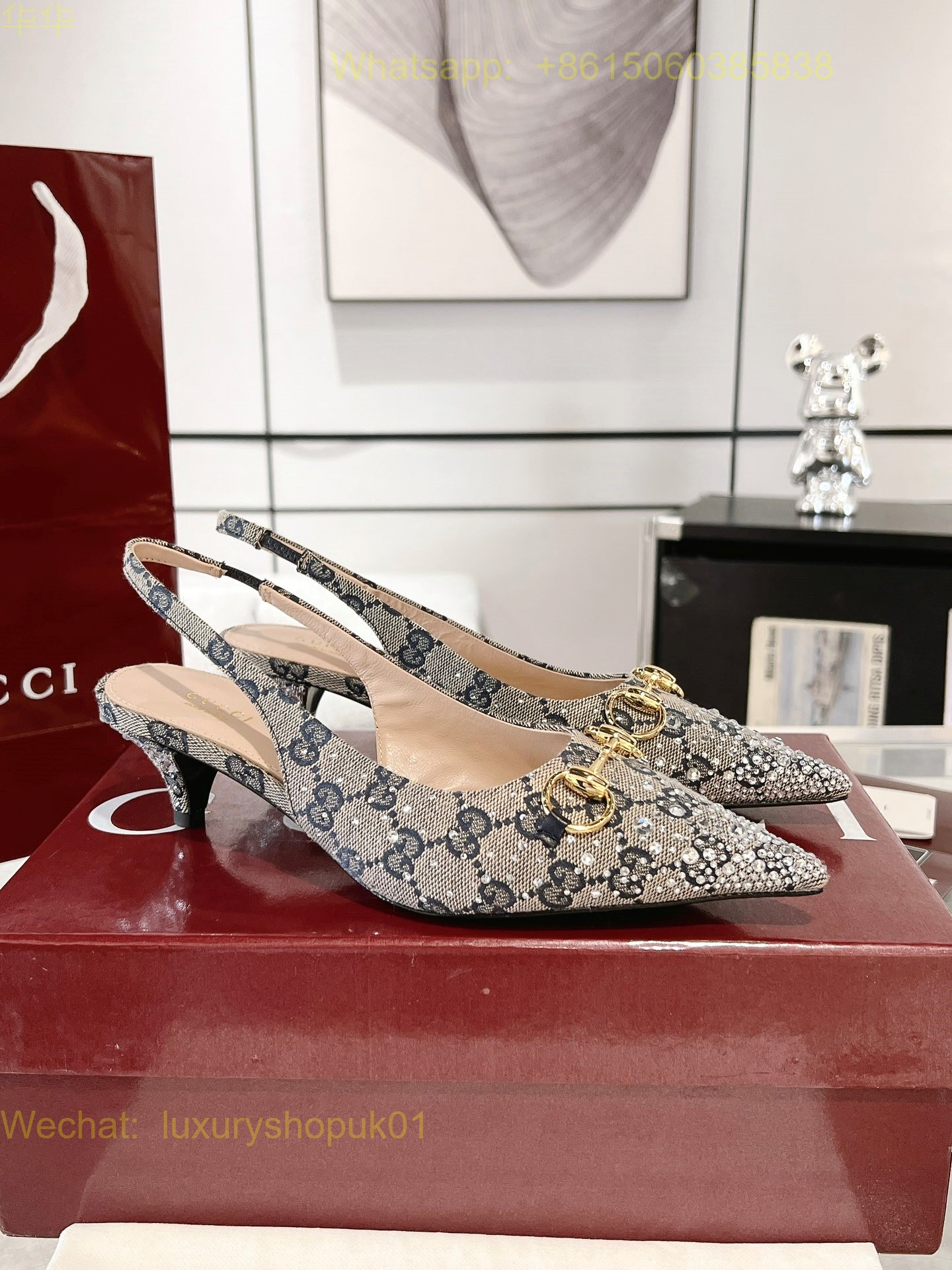 Gucci Monogram crystal Slingback Pumps High heels Women Shoes