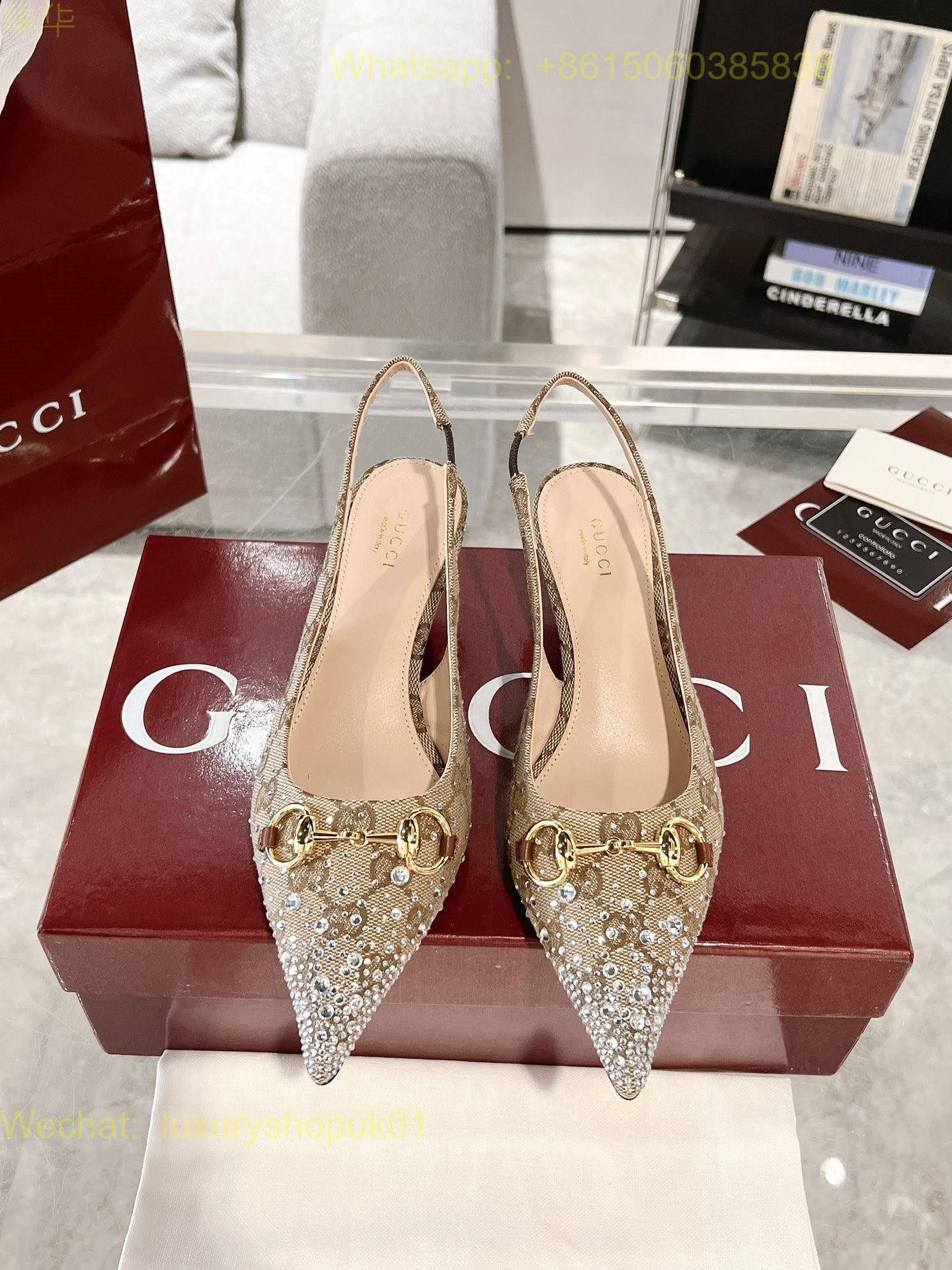 Gucci Monogram crystal Slingback Pumps High heels Women Shoes