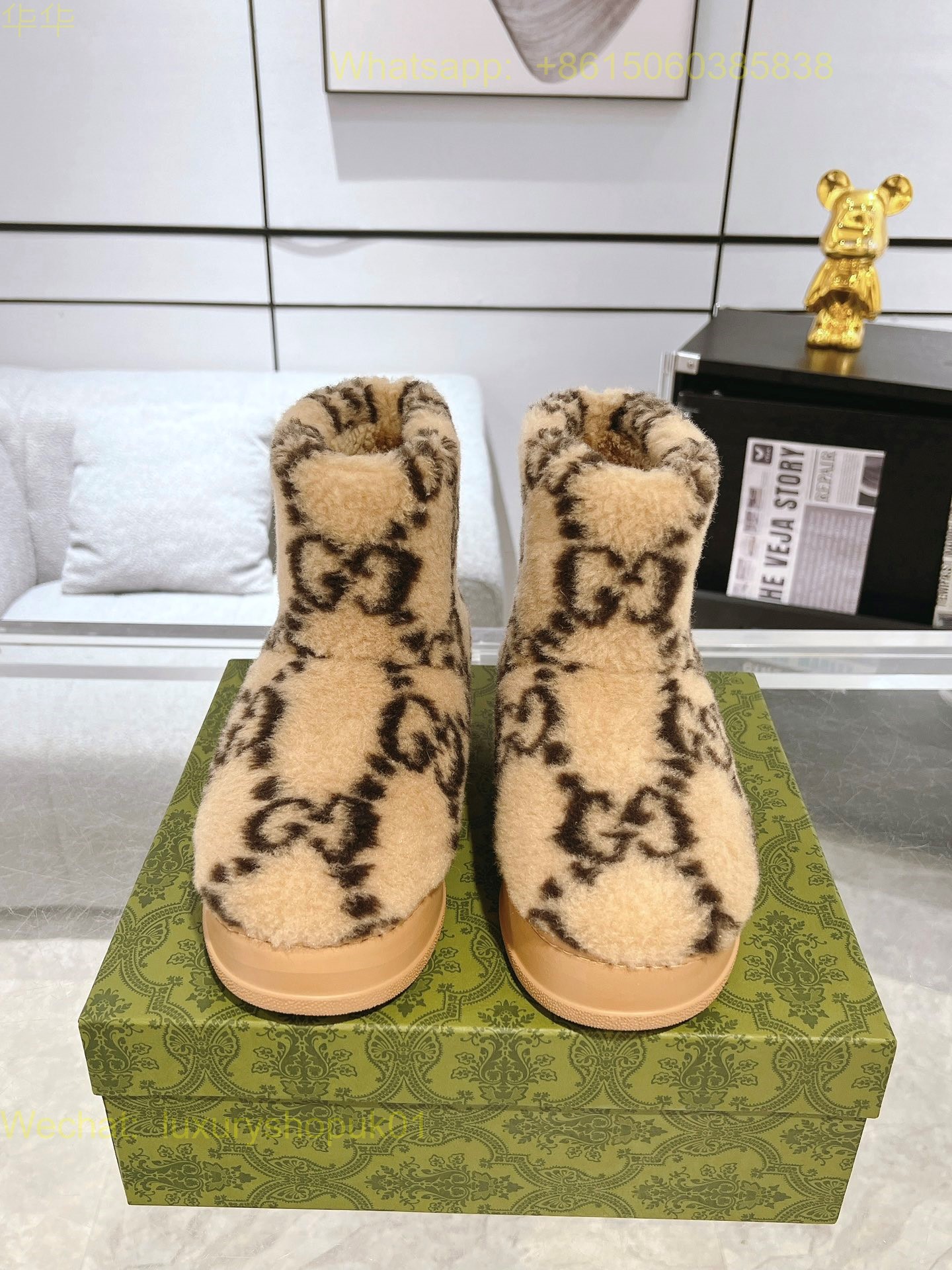 Gucci Faux-Shearling Round Toe Ankle Boots Women snow Shoes