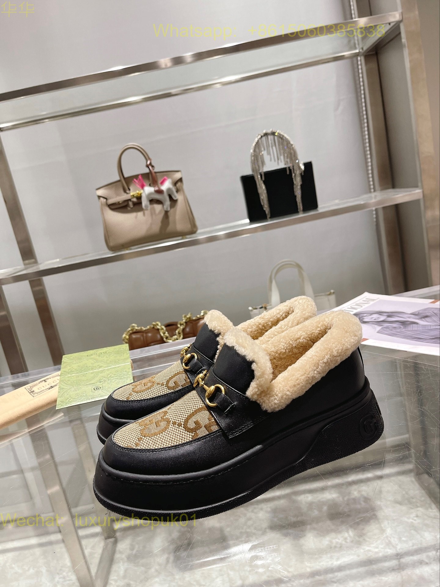 Gucci Fur Shearling Slip-On Loafers Women Shoes