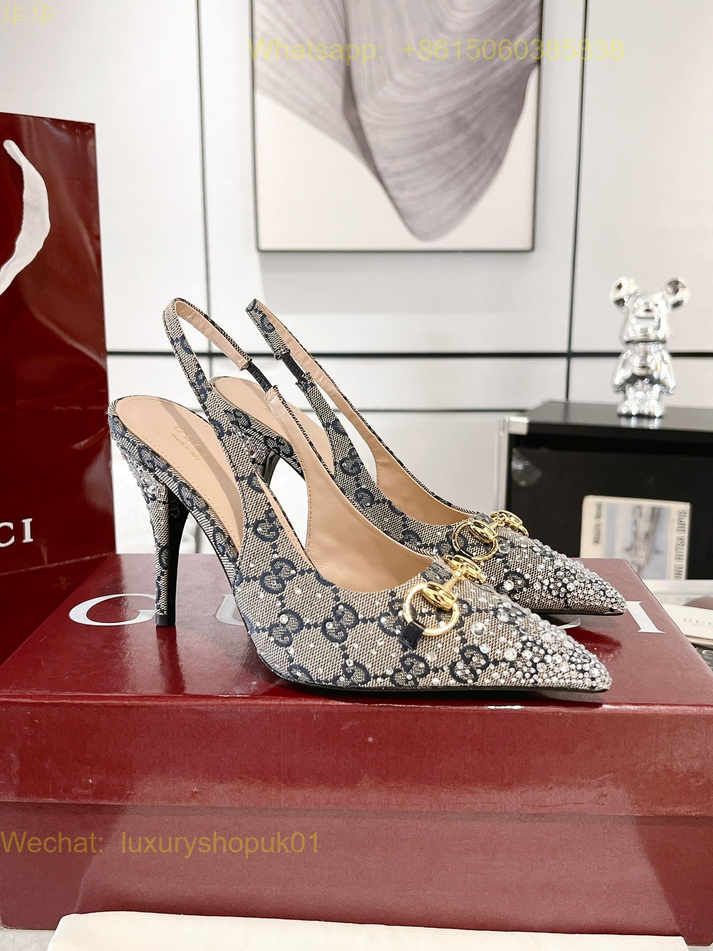 Gucci Monogram crystal Slingback Pumps High heels Women Shoes