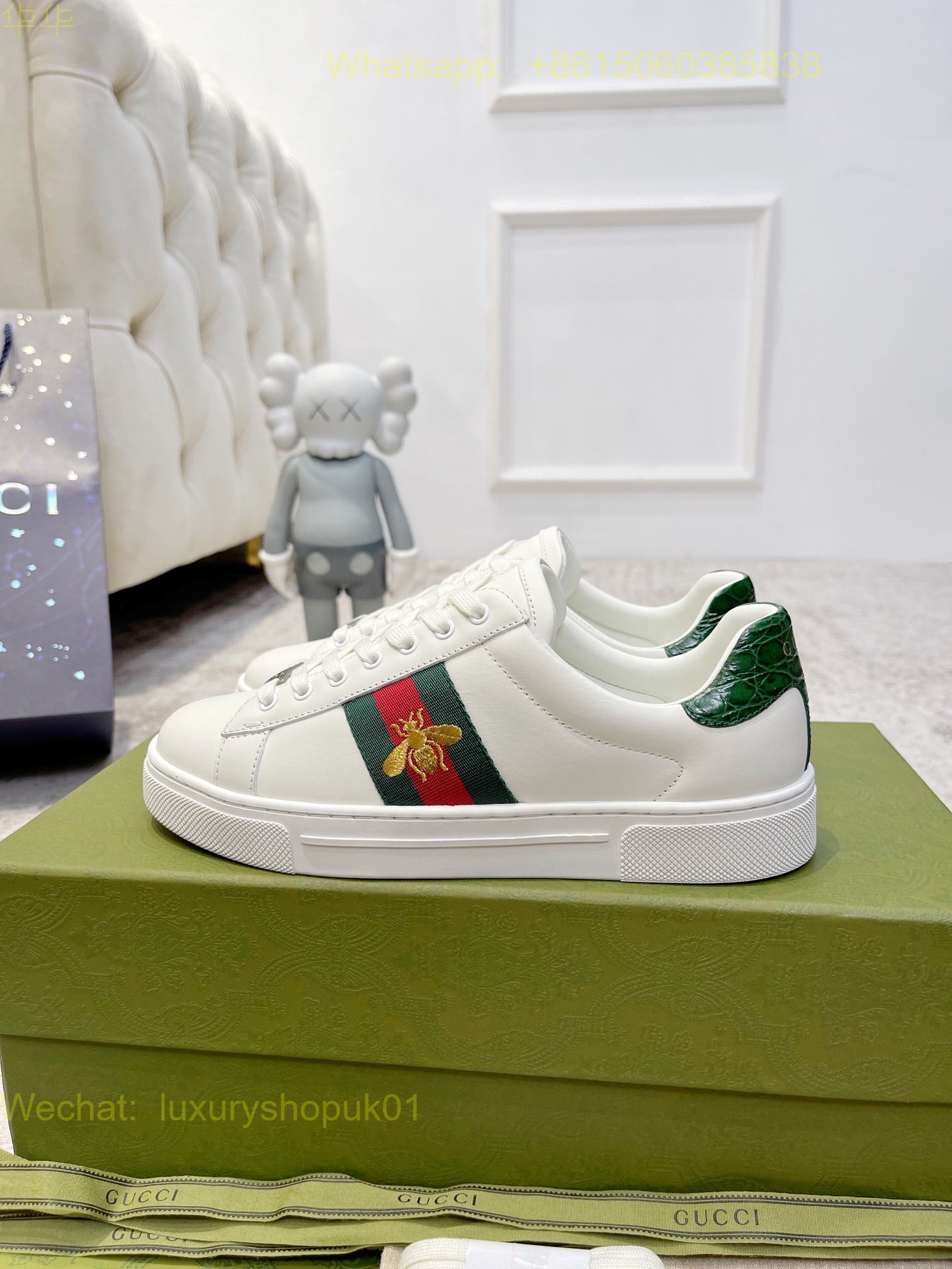 Gucci Web Leather GG Canvas Sneakers Women Mens Shoes