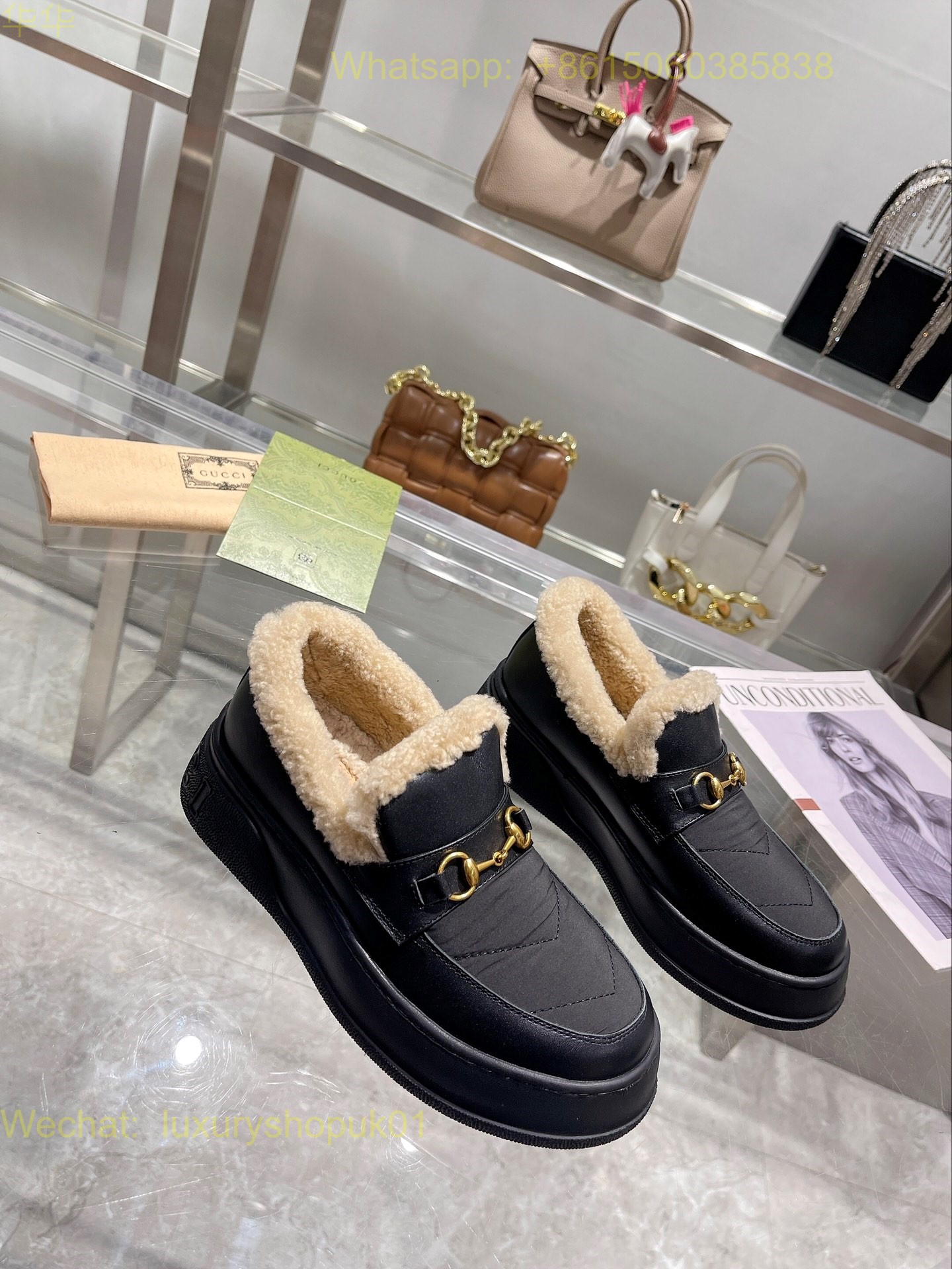 Gucci Fur Shearling Slip-On Loafers Women Shoes