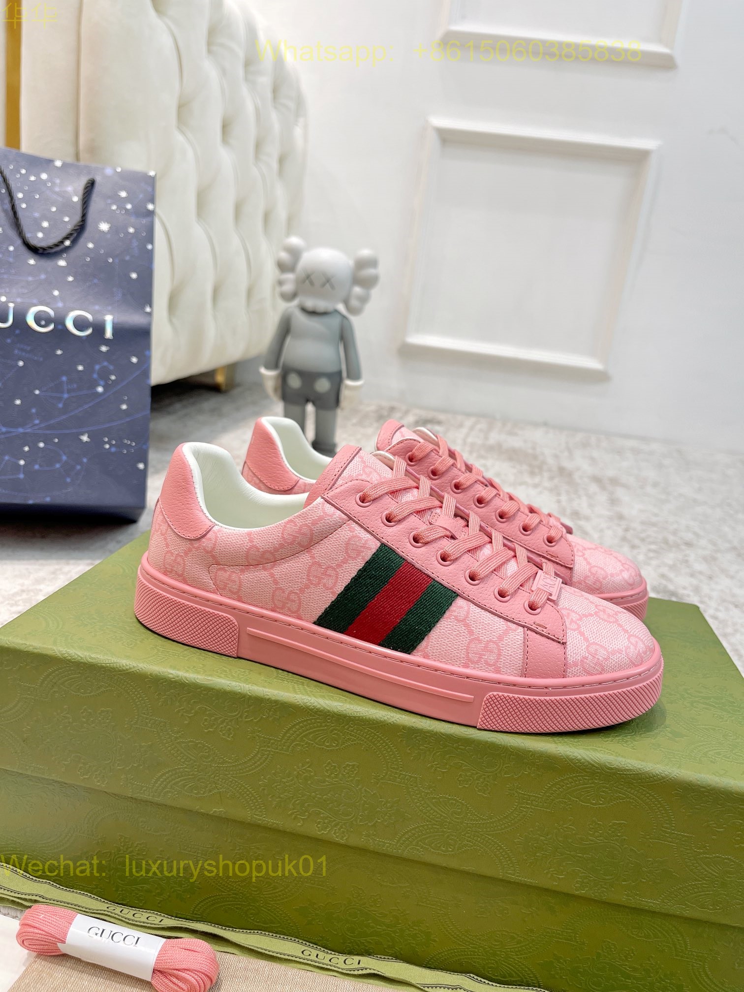 Gucci Web Leather GG Canvas Sneakers Women Mens Shoes