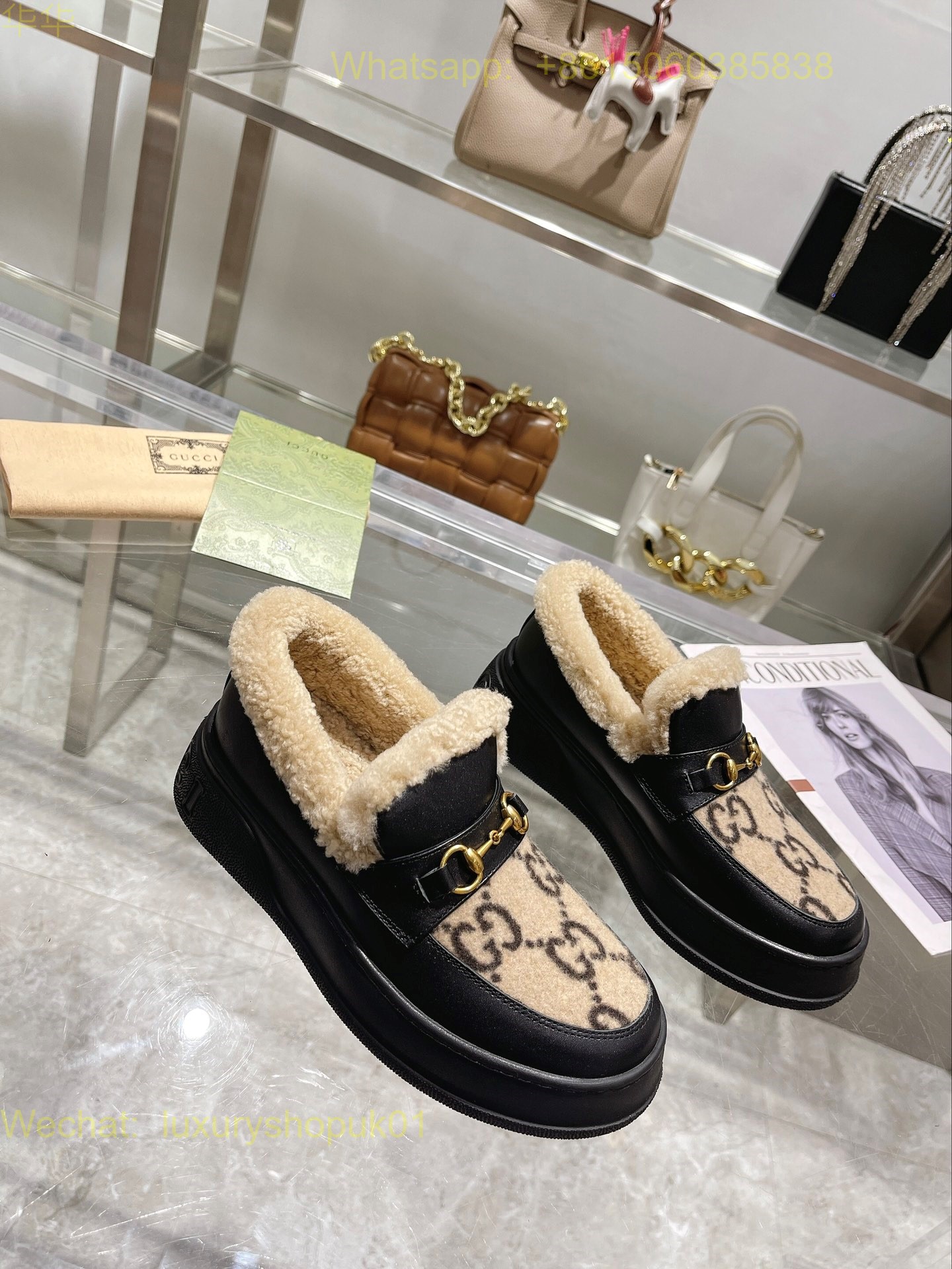 Gucci Fur Shearling Slip-On Loafers Women Shoes