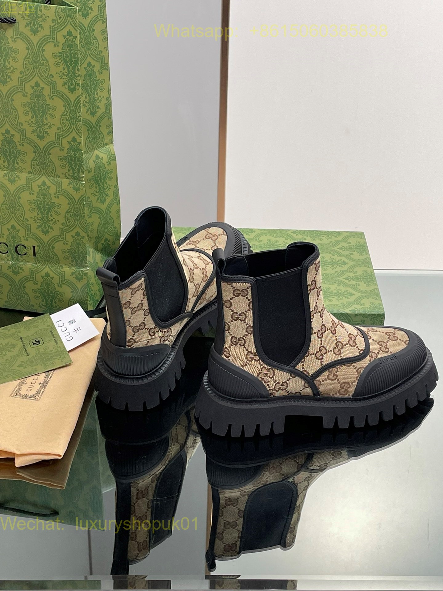Gucci gg Canvas Chelsea Boots Novo GG Jacquard Chunky Mens Women Shoes