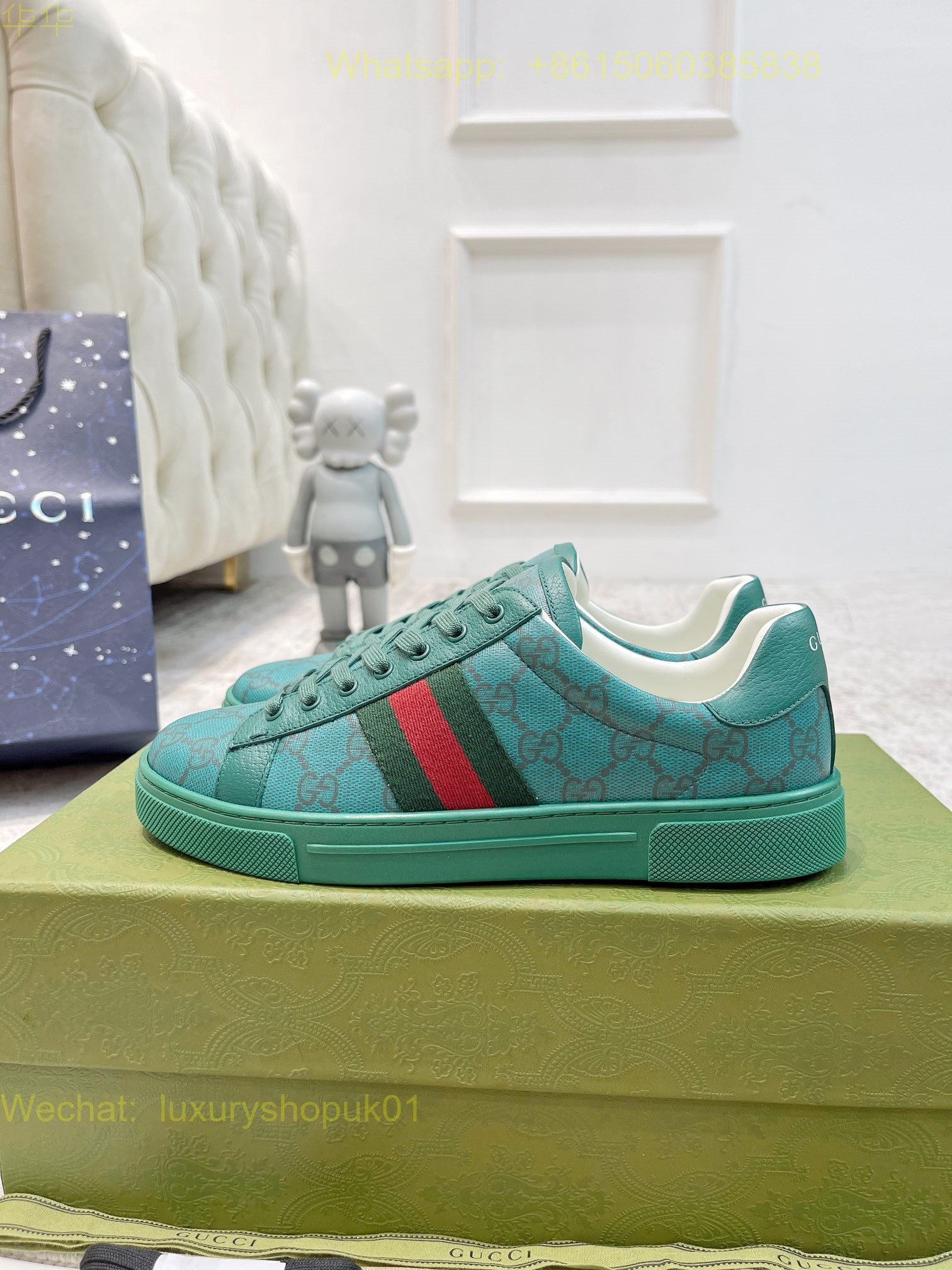 Gucci Web Leather GG Canvas Sneakers Women Mens Shoes
