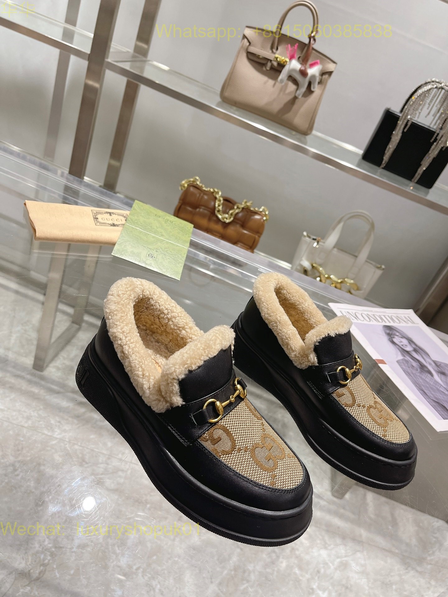 Gucci Fur Shearling Slip-On Loafers Women Shoes