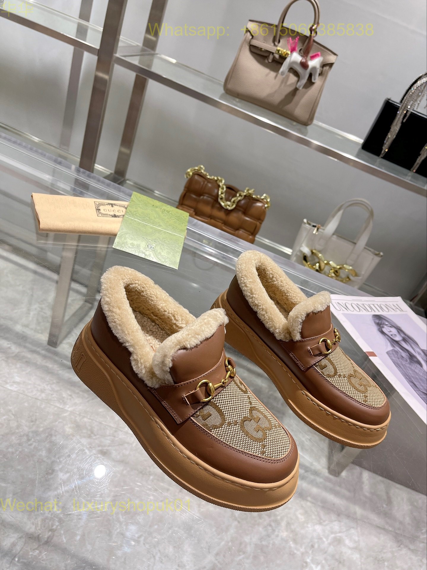 Gucci Fur Shearling Slip-On Loafers Women Shoes