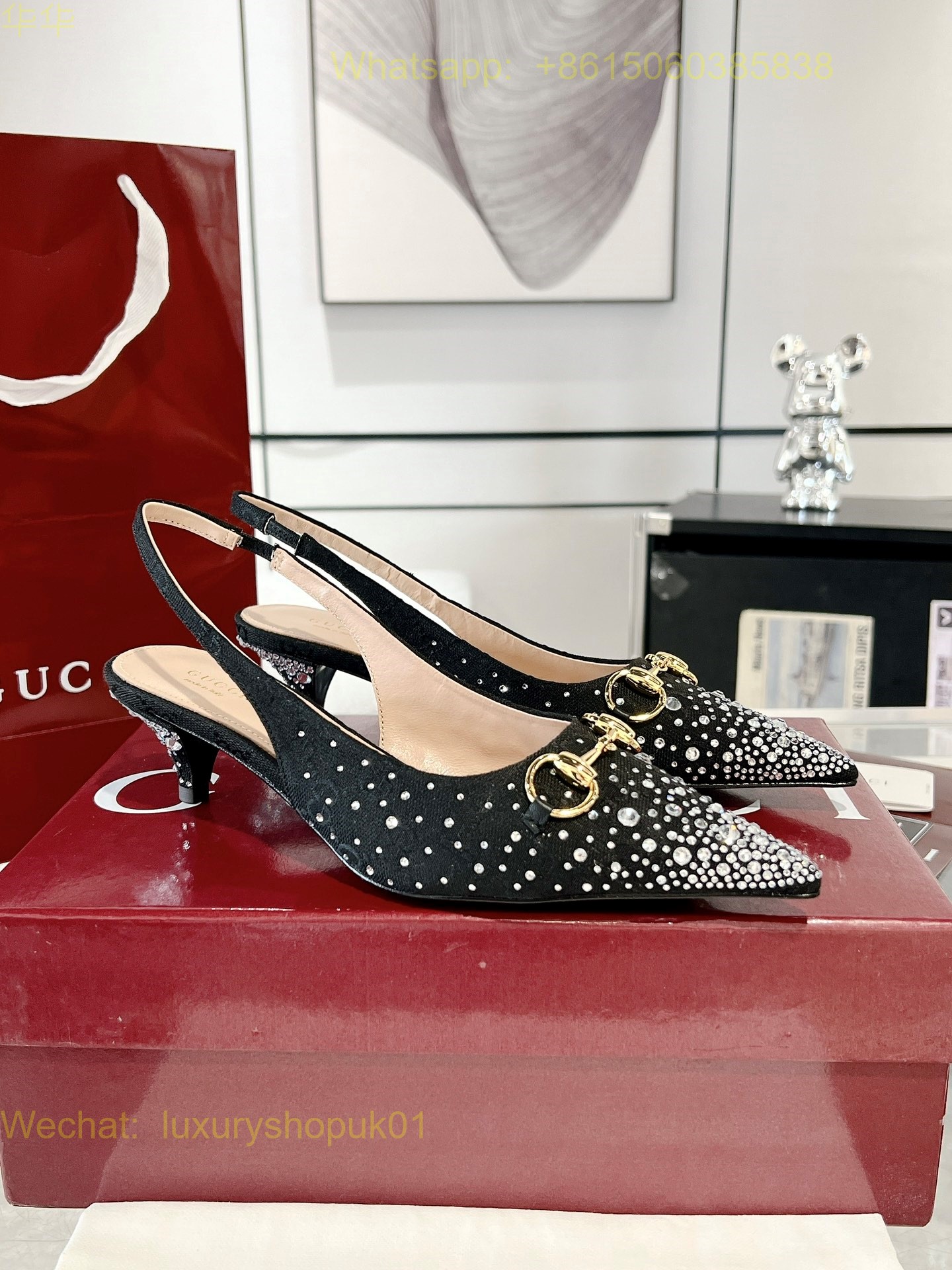 Gucci Monogram crystal Slingback Pumps High heels Women Shoes