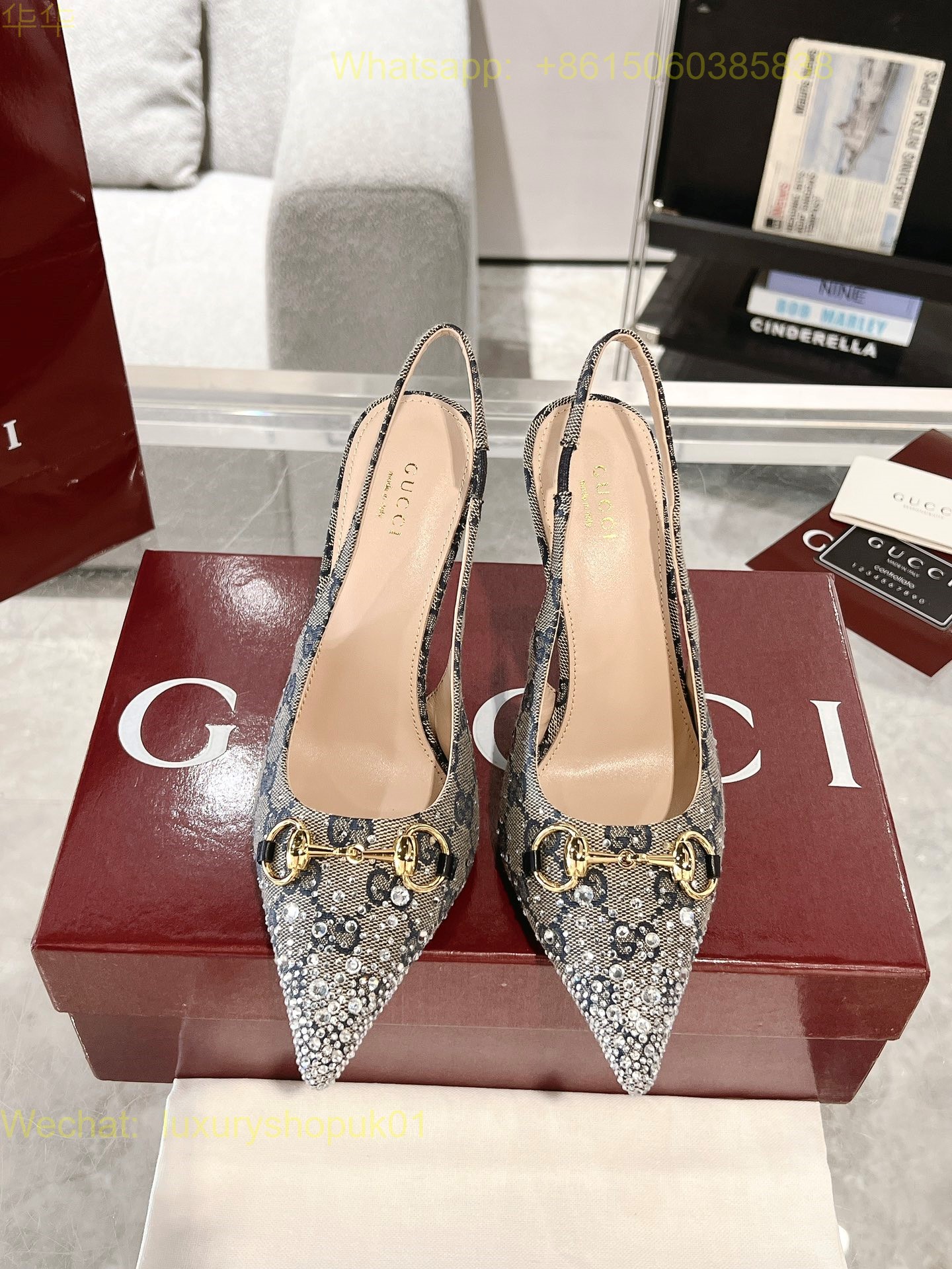 Gucci Monogram crystal Slingback Pumps High heels Women Shoes