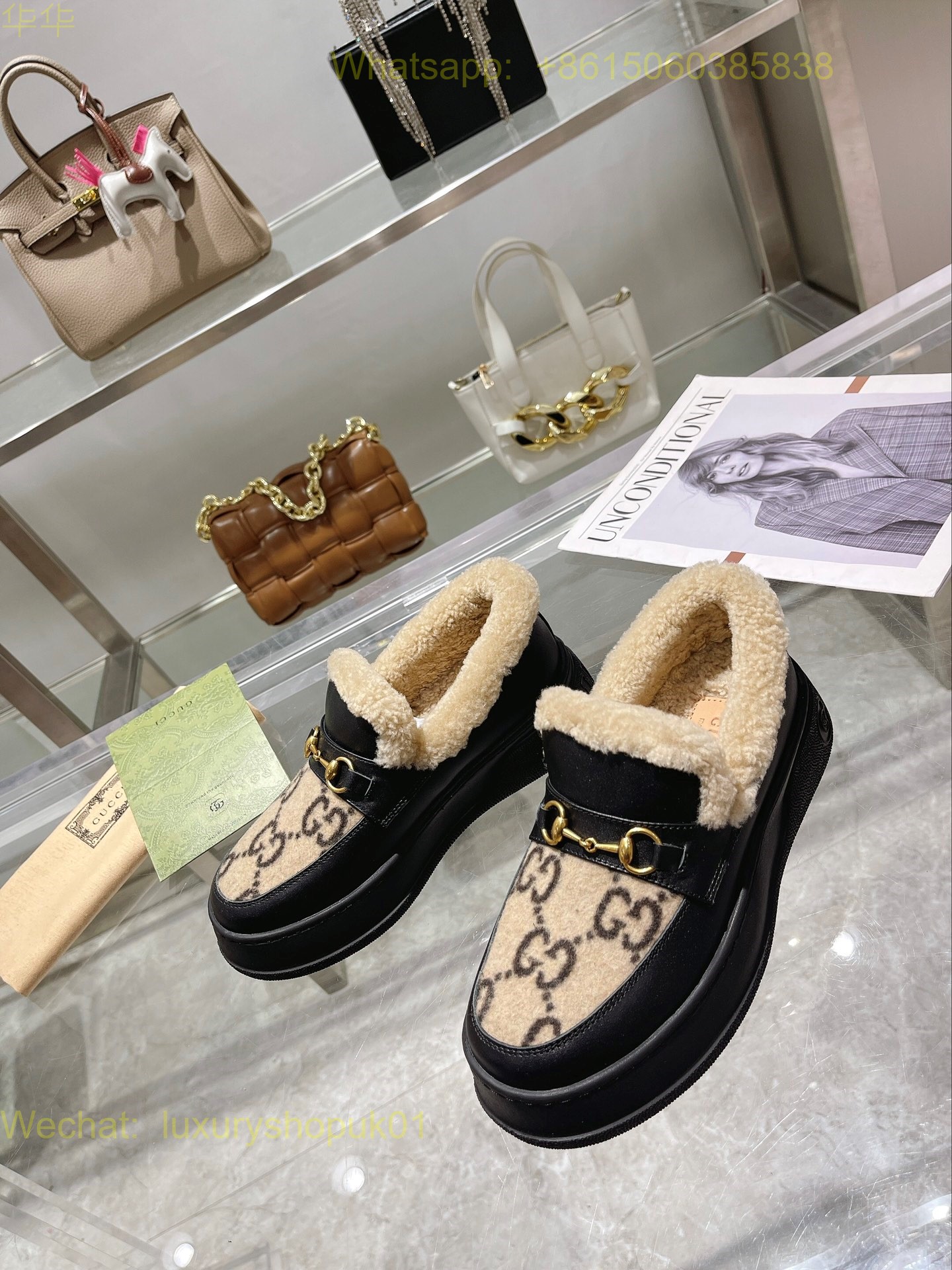 Gucci Fur Shearling Slip-On Loafers Women Shoes