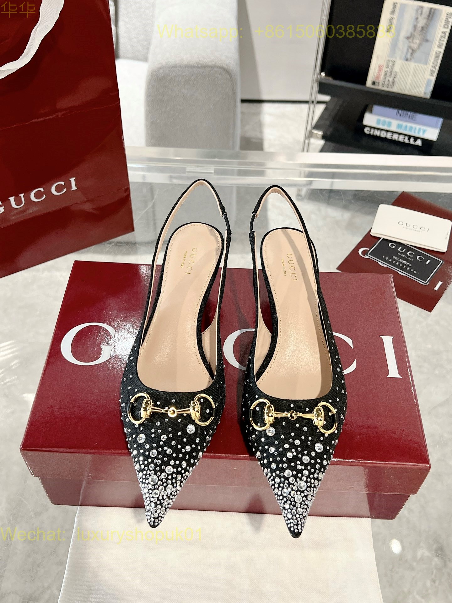 Gucci Monogram crystal Slingback Pumps High heels Women Shoes