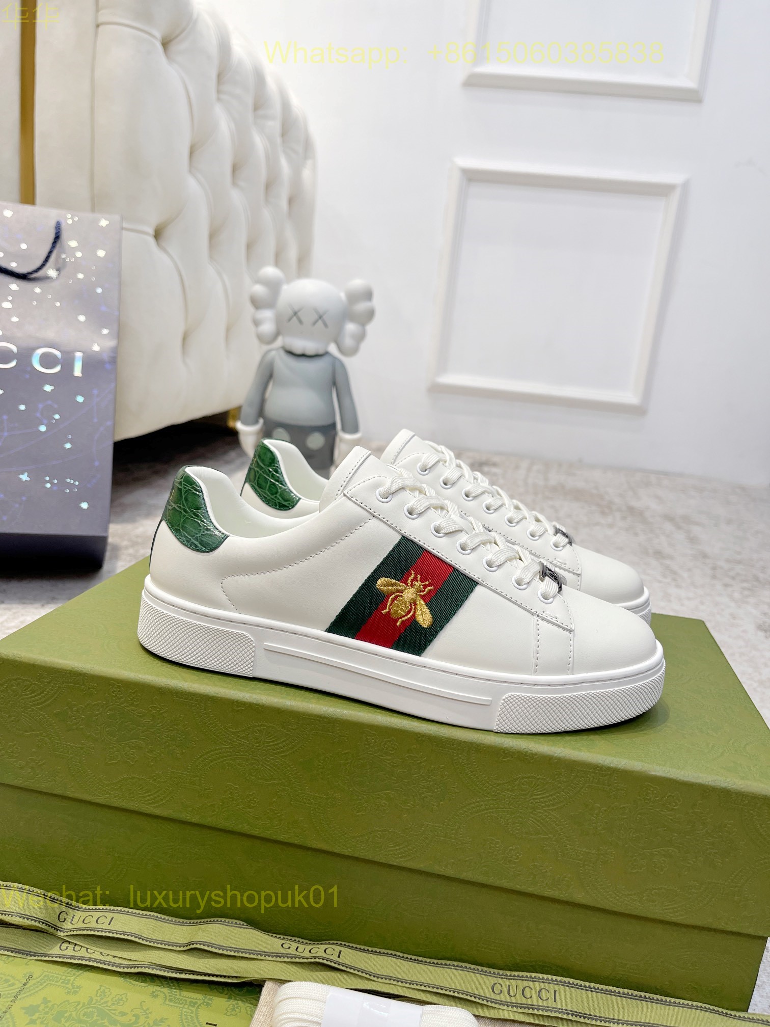 Gucci Web Leather GG Canvas Sneakers Women Mens Shoes