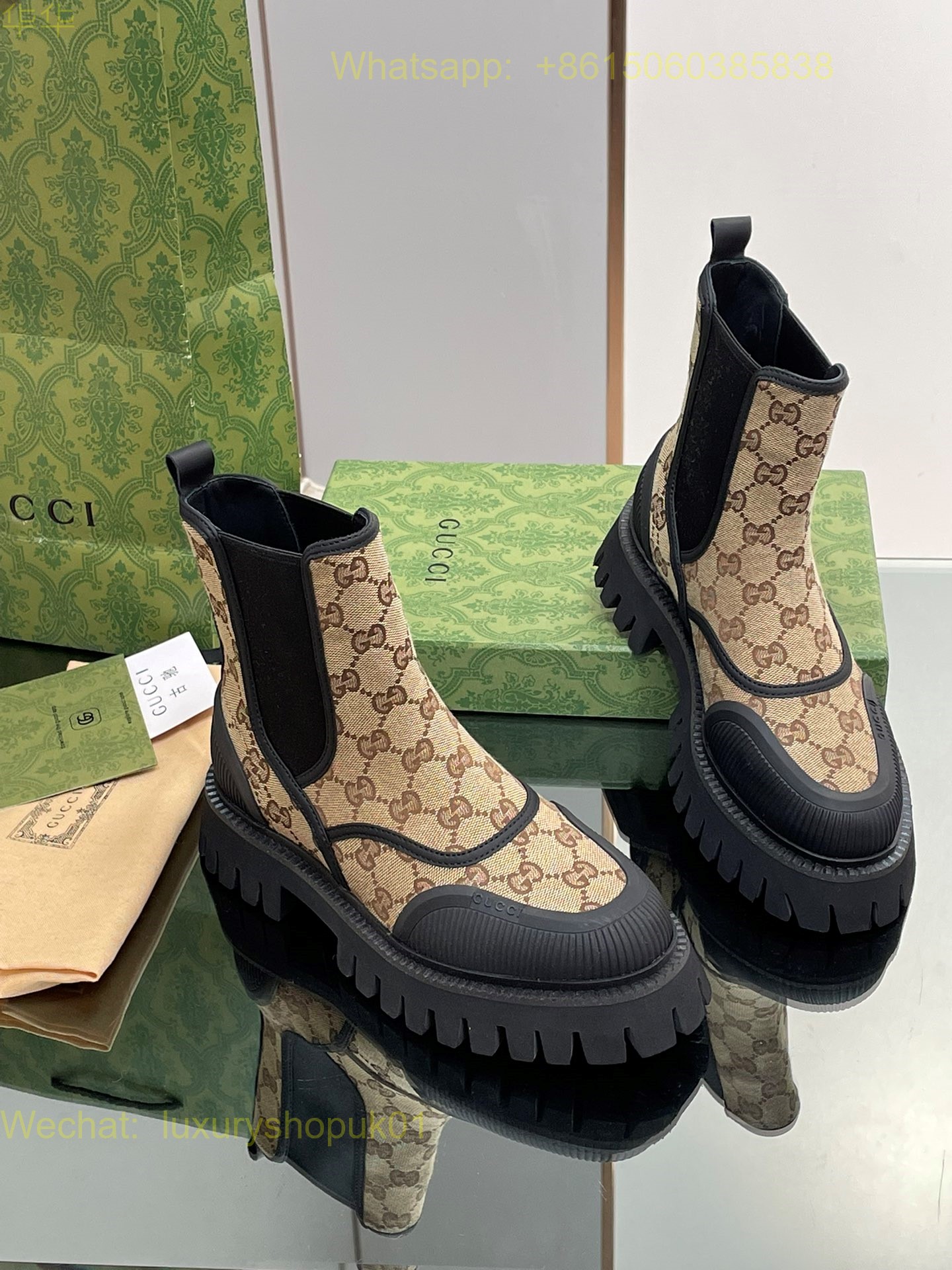 Gucci gg Canvas Chelsea Boots Novo GG Jacquard Chunky Mens Women Shoes