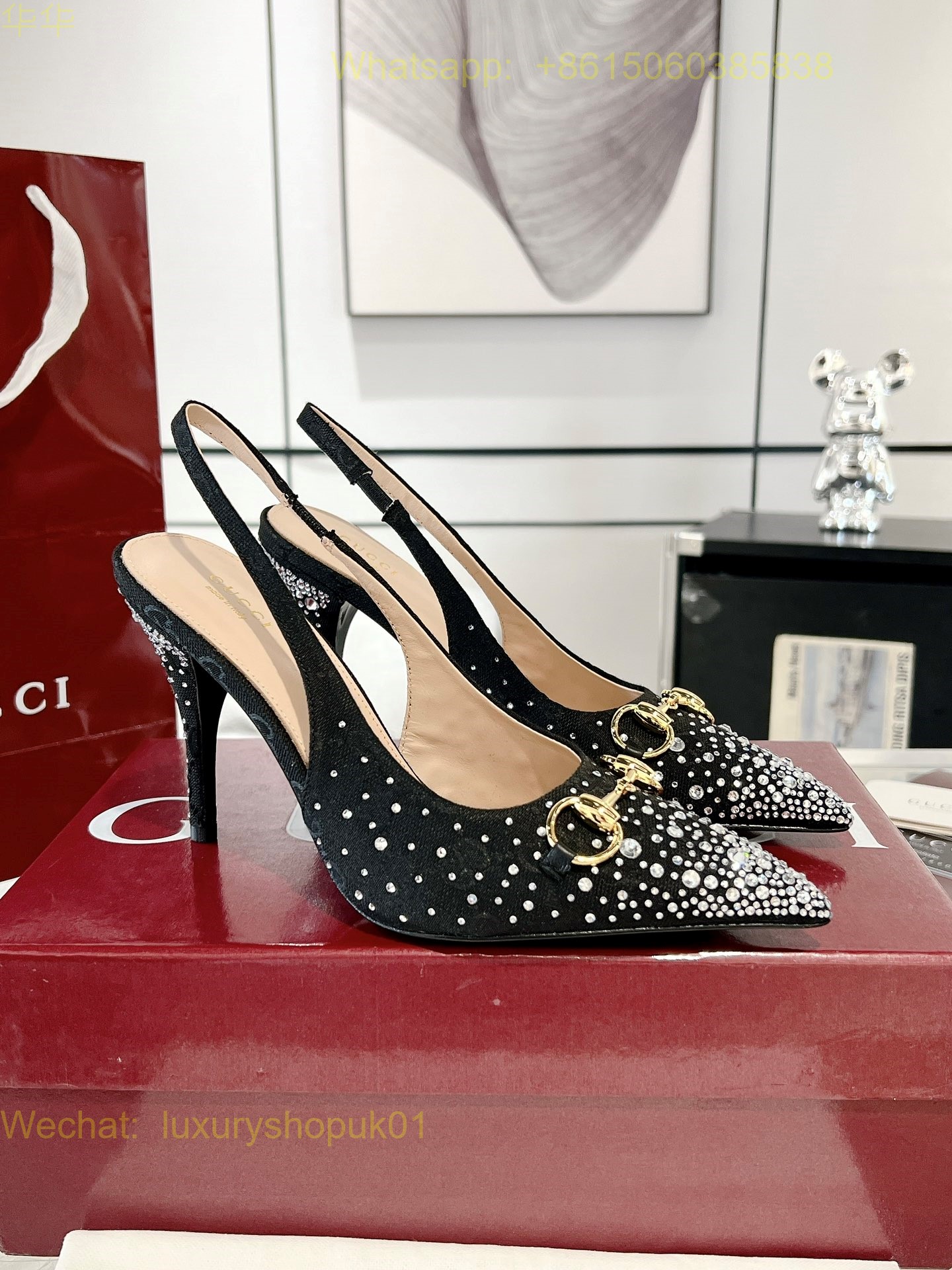 Gucci Monogram crystal Slingback Pumps High heels Women Shoes