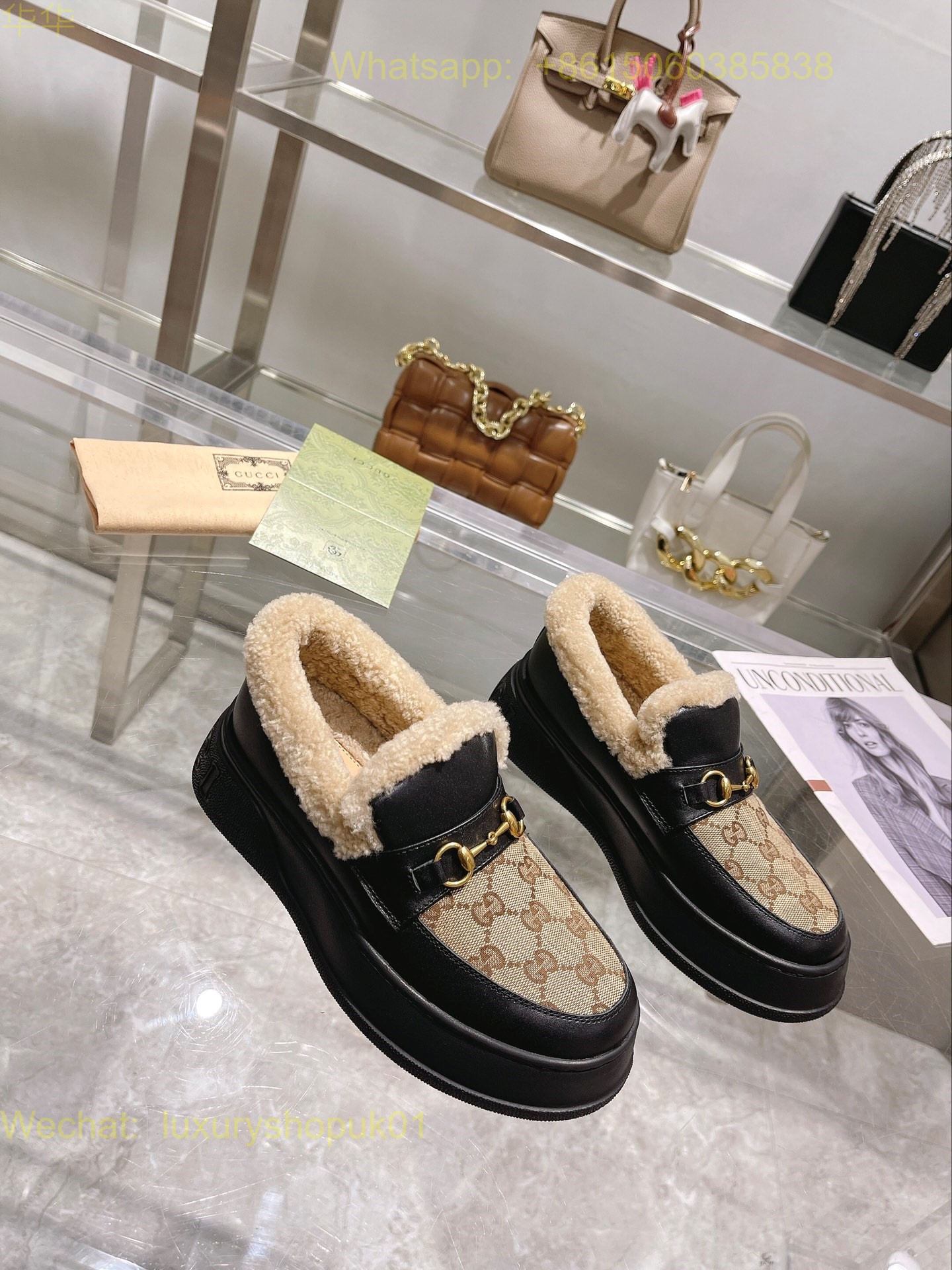 Gucci Fur Shearling Slip-On Loafers Women Shoes