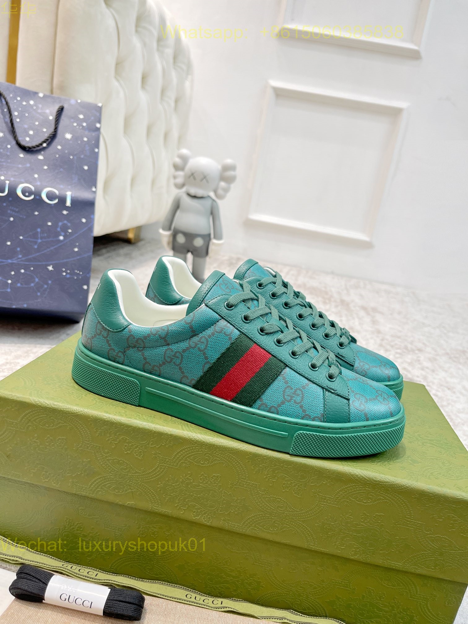 Gucci Web Leather GG Canvas Sneakers Women Mens Shoes
