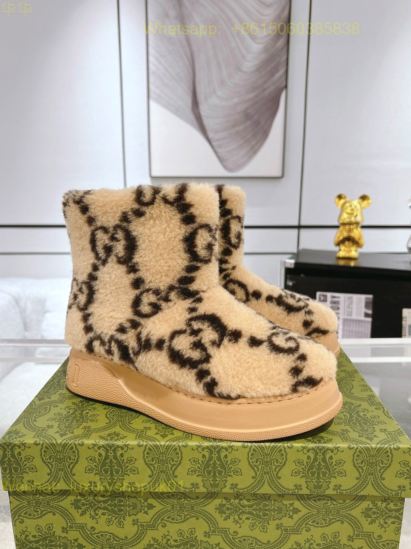 Gucci Faux-Shearling Round Toe Ankle Boots Women snow Shoes