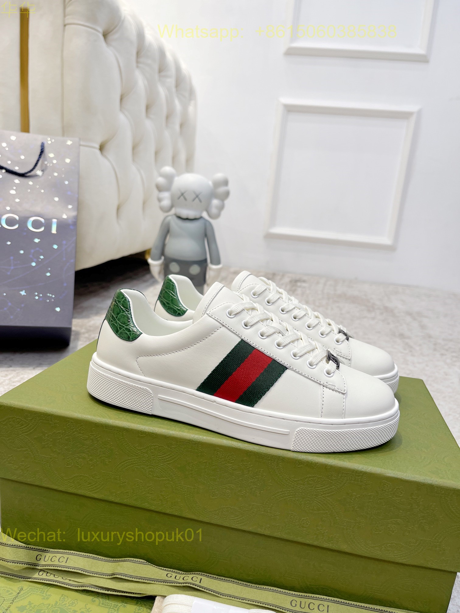 Gucci Web Leather GG Canvas Sneakers Women Mens Shoes