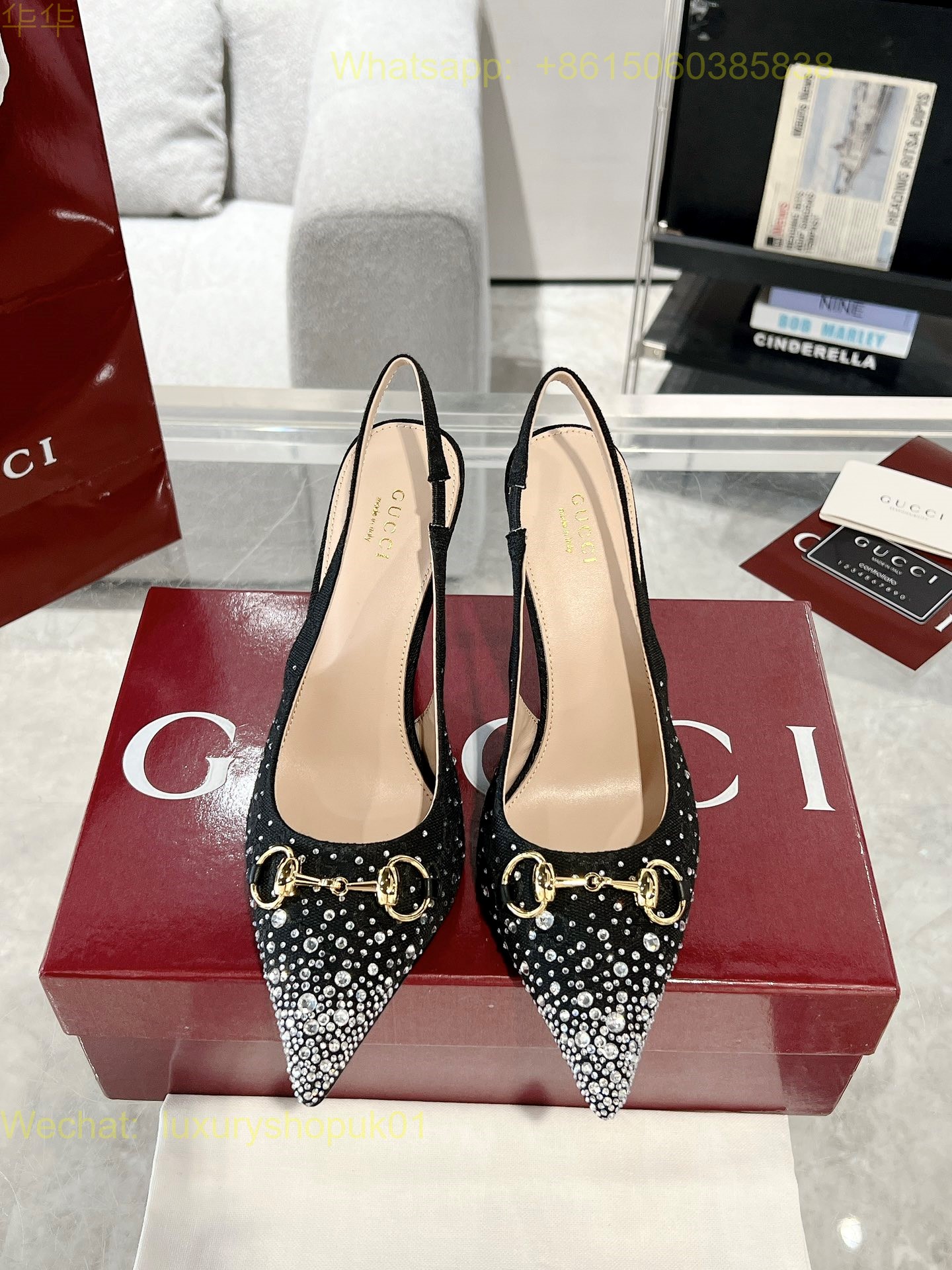 Gucci Monogram crystal Slingback Pumps High heels Women Shoes