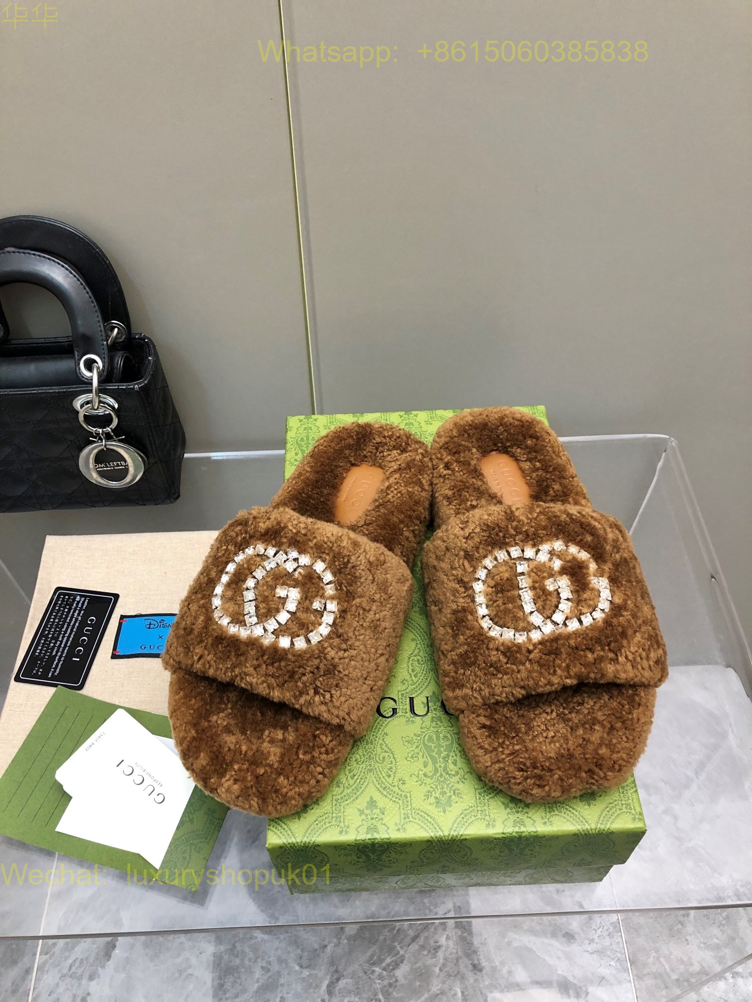 Gucci Shearling Fur Interlocking G Crystal Slides sandal Women Shoes