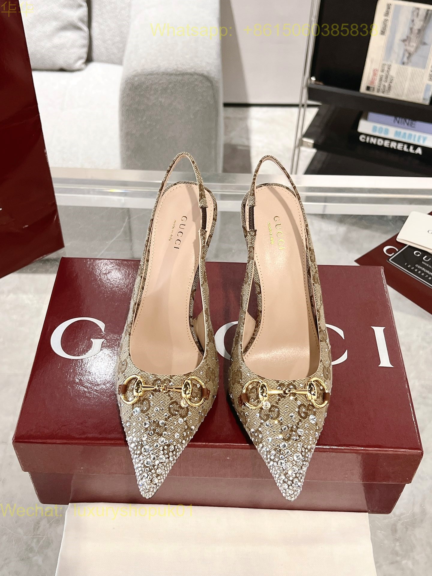 Gucci Monogram crystal Slingback Pumps High heels Women Shoes