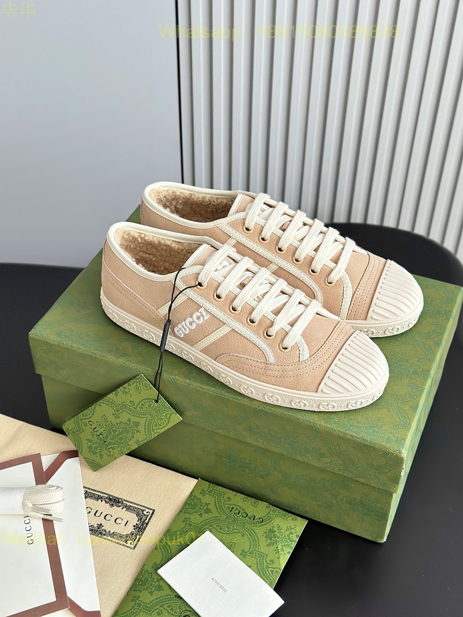 GUCCI Lido Fur Shearling Canvas Low-Top Sneaker Women GG Shoes