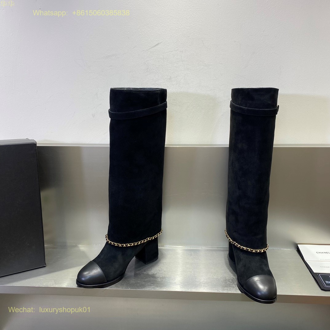 Chanel chain suede leather block heels knee high Boots CC Logo Women Shoes