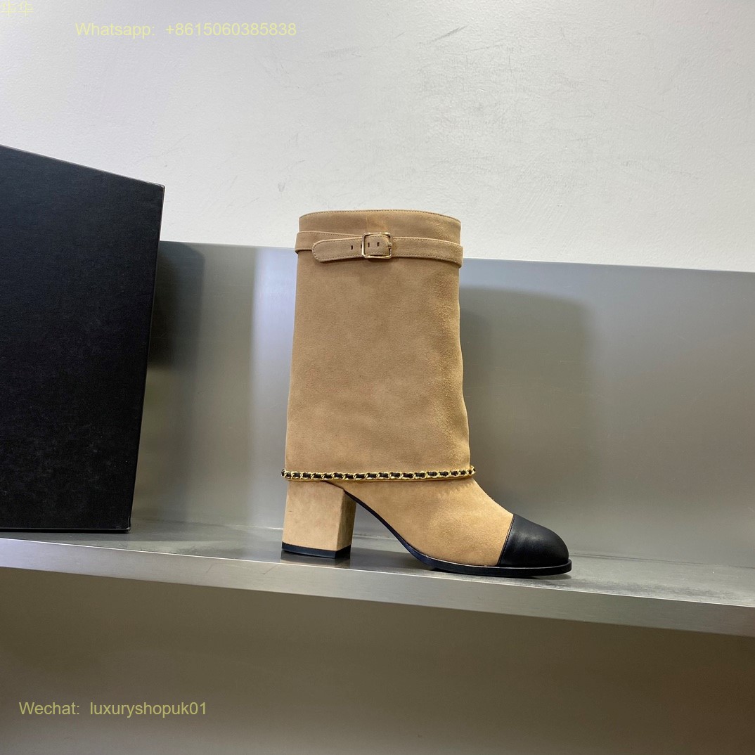 Chanel chain suede leather block heels Boots CC Logo Women Shoes