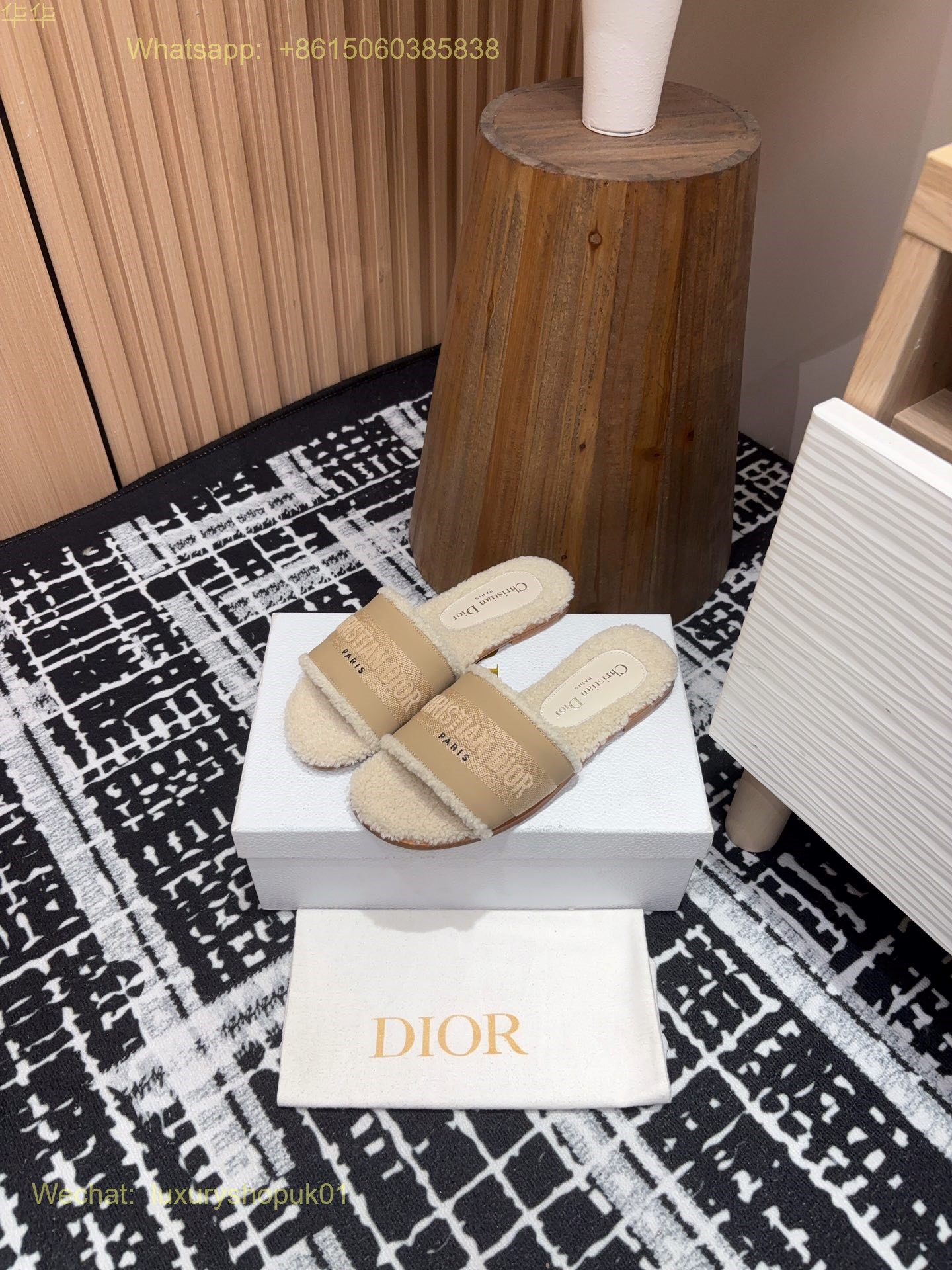 Dior Shearling Fur Logo Canvas Dway Flat Slides Women Shoes