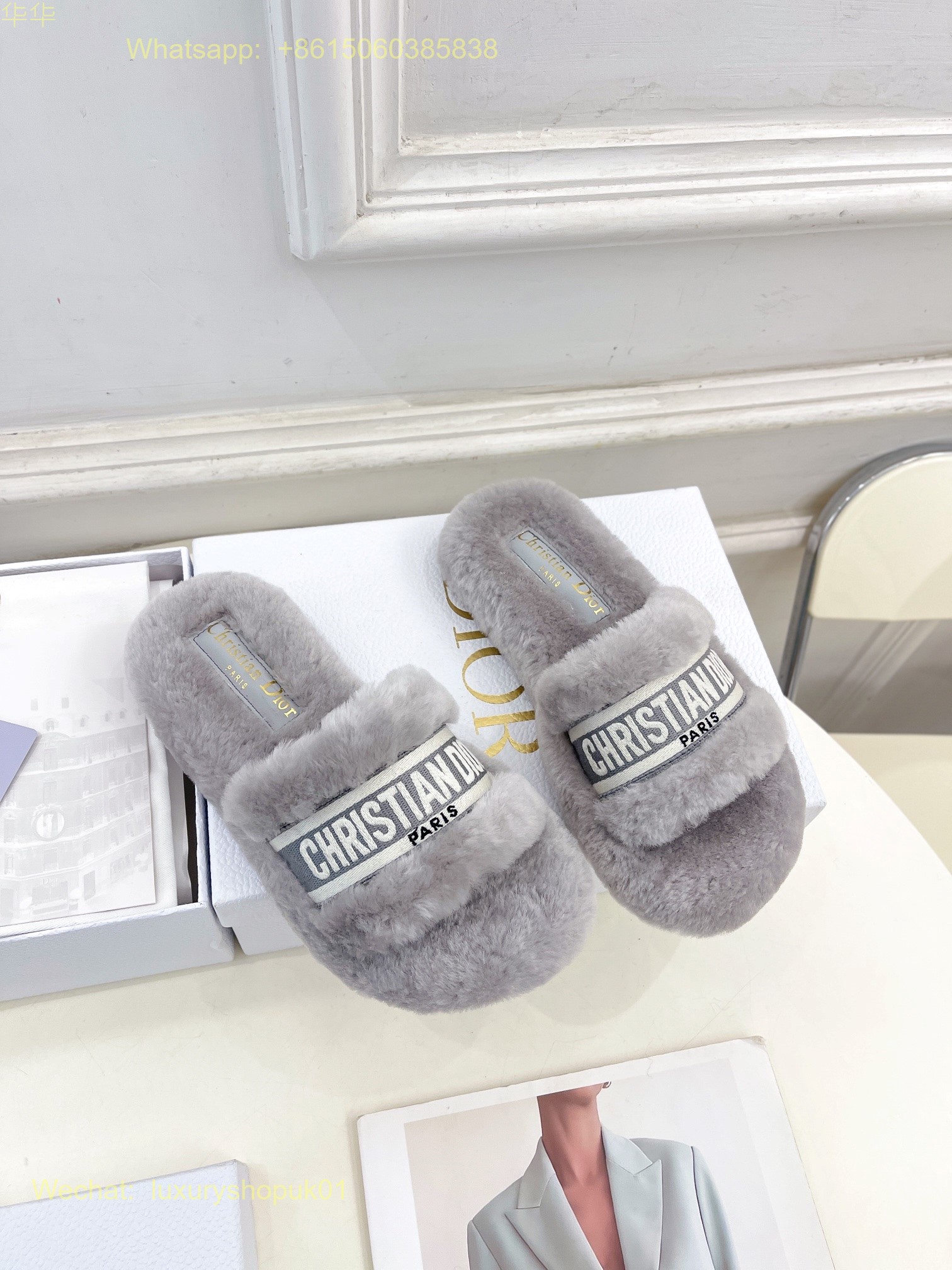 Christian Dior Wool Fur Shearling Slides Women Shoes
