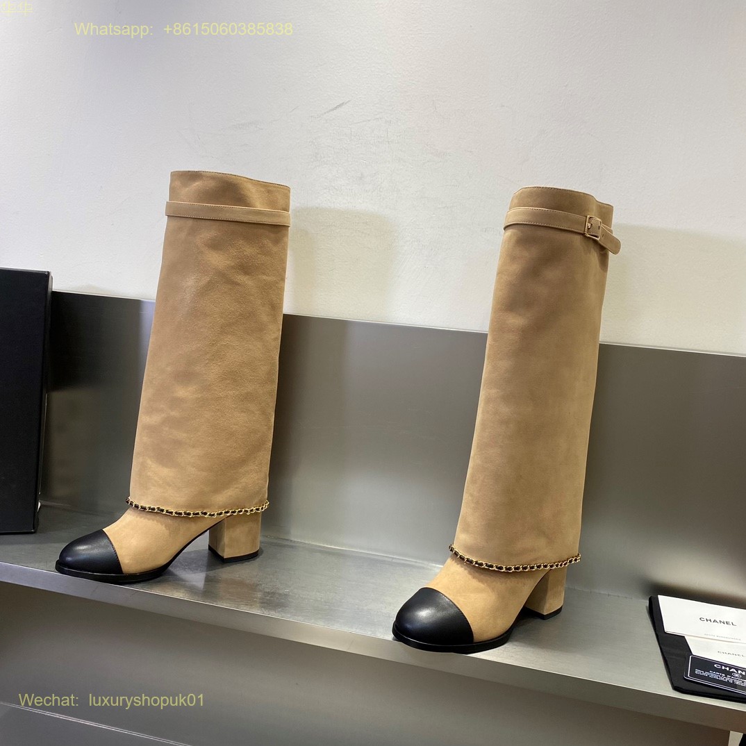 Chanel chain suede leather block heels knee high Boots CC Logo Women Shoes