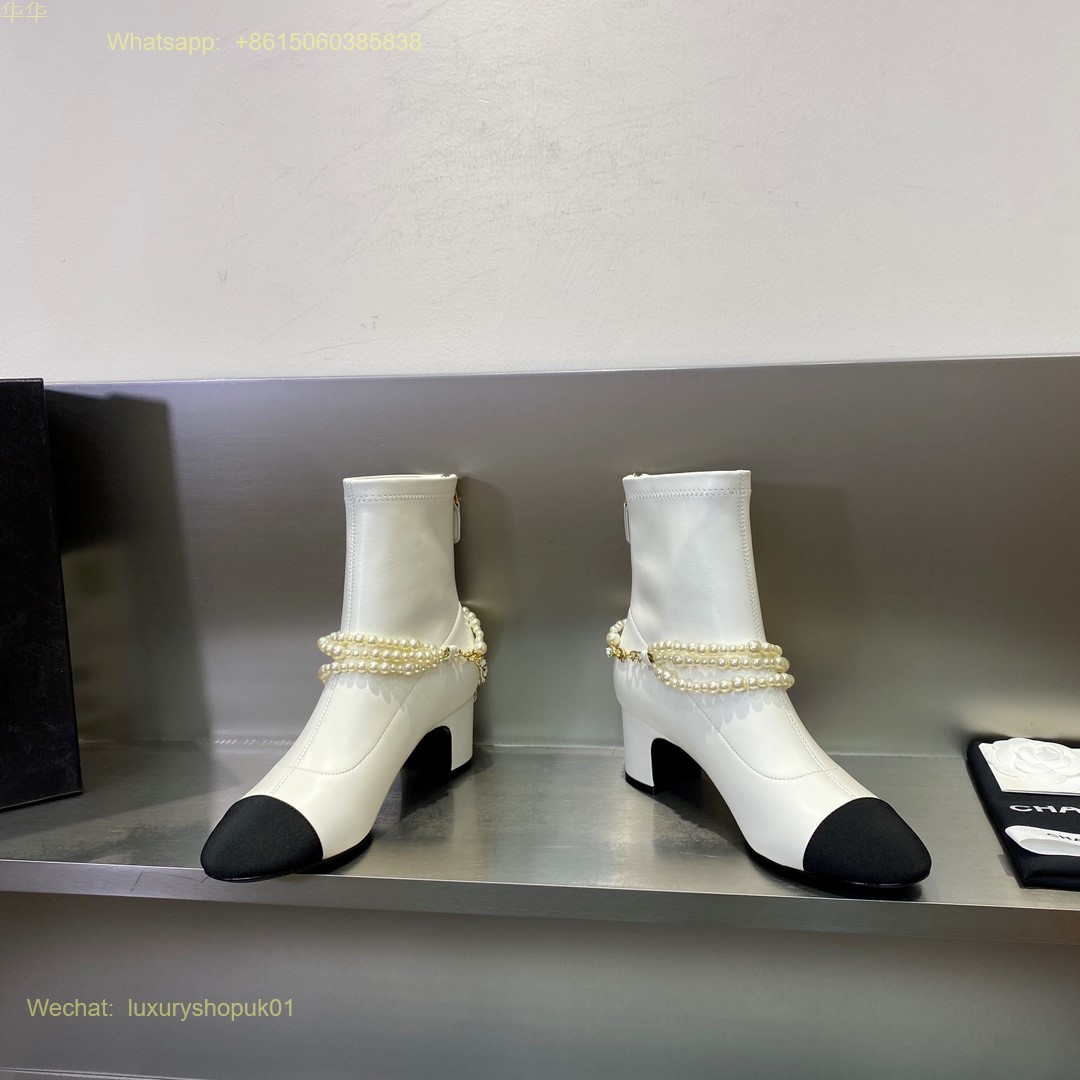 Chanel pearl block heels cap toe ankle boot Women Shoes