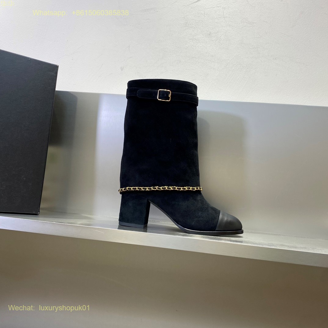 Chanel chain suede leather block heels Boots CC Logo Women Shoes