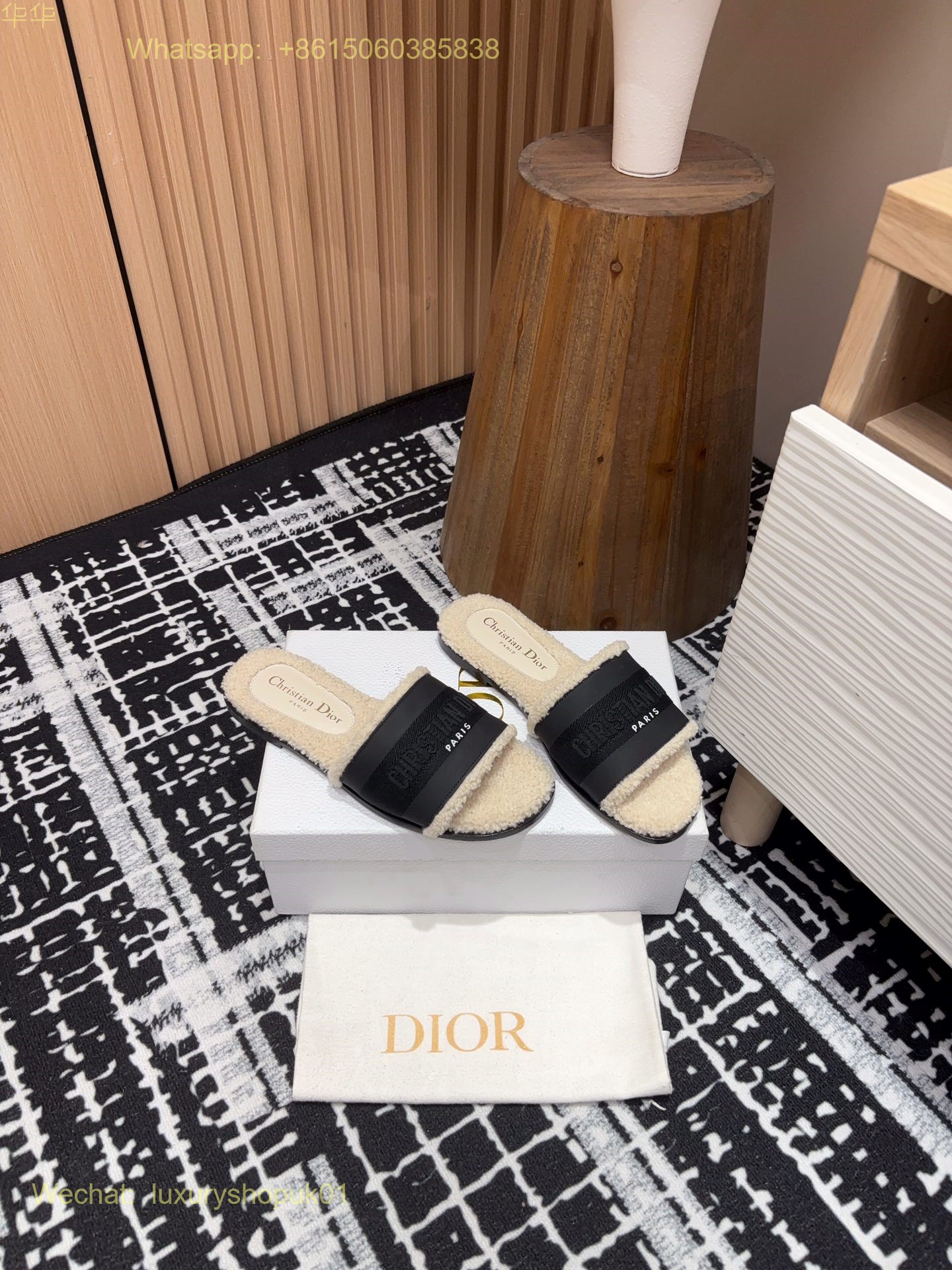 Dior Shearling Fur Logo Canvas Dway Flat Slides Women Shoes
