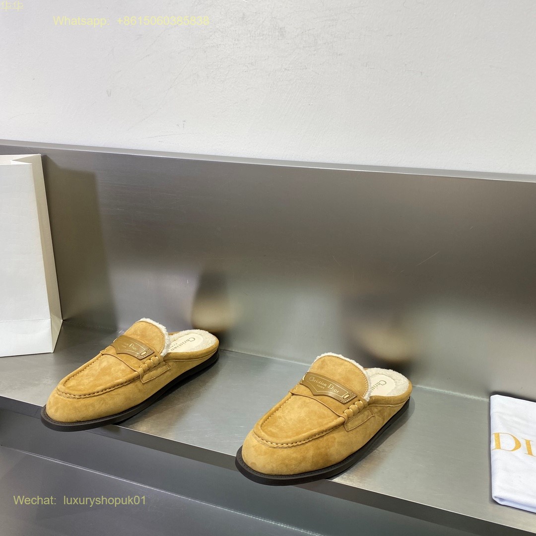 Christian Dior Fur shearling suede Leather slip on mule slipper flat Women Shoes