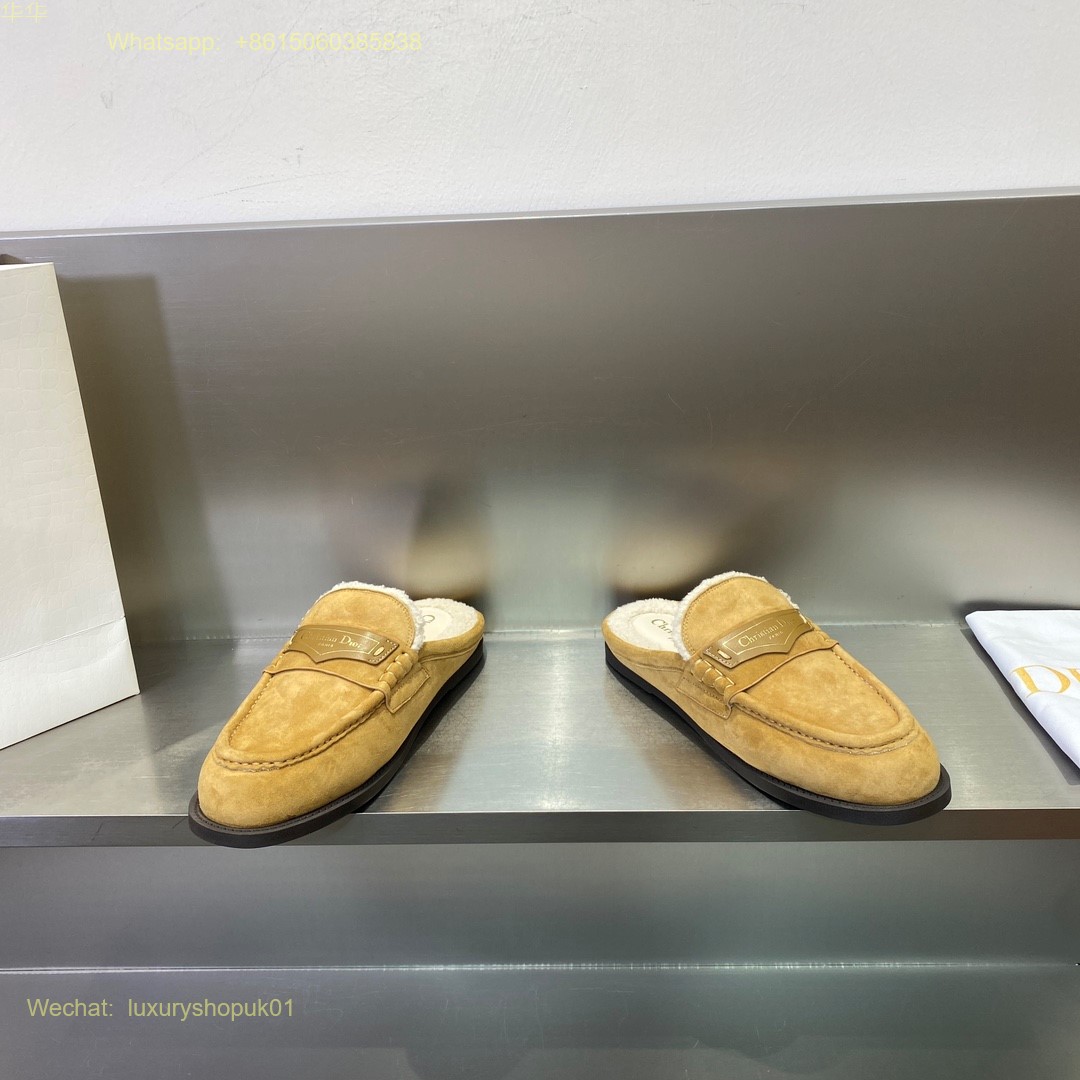 Christian Dior Fur shearling suede Leather slip on mule slipper flat Women Shoes