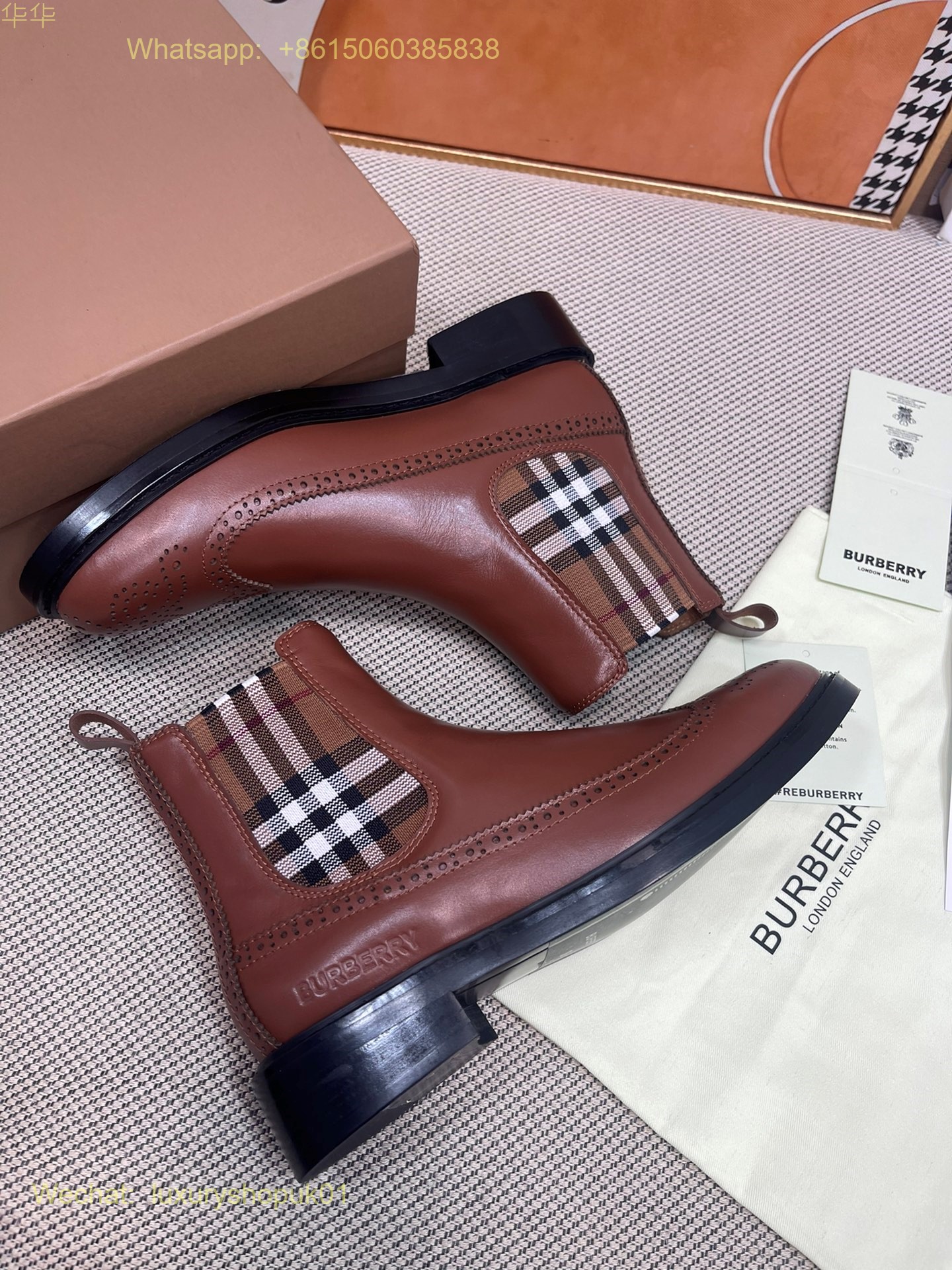 Burberry Check Leather Creeper Chelsea Low Ankle Boots Women Shoes