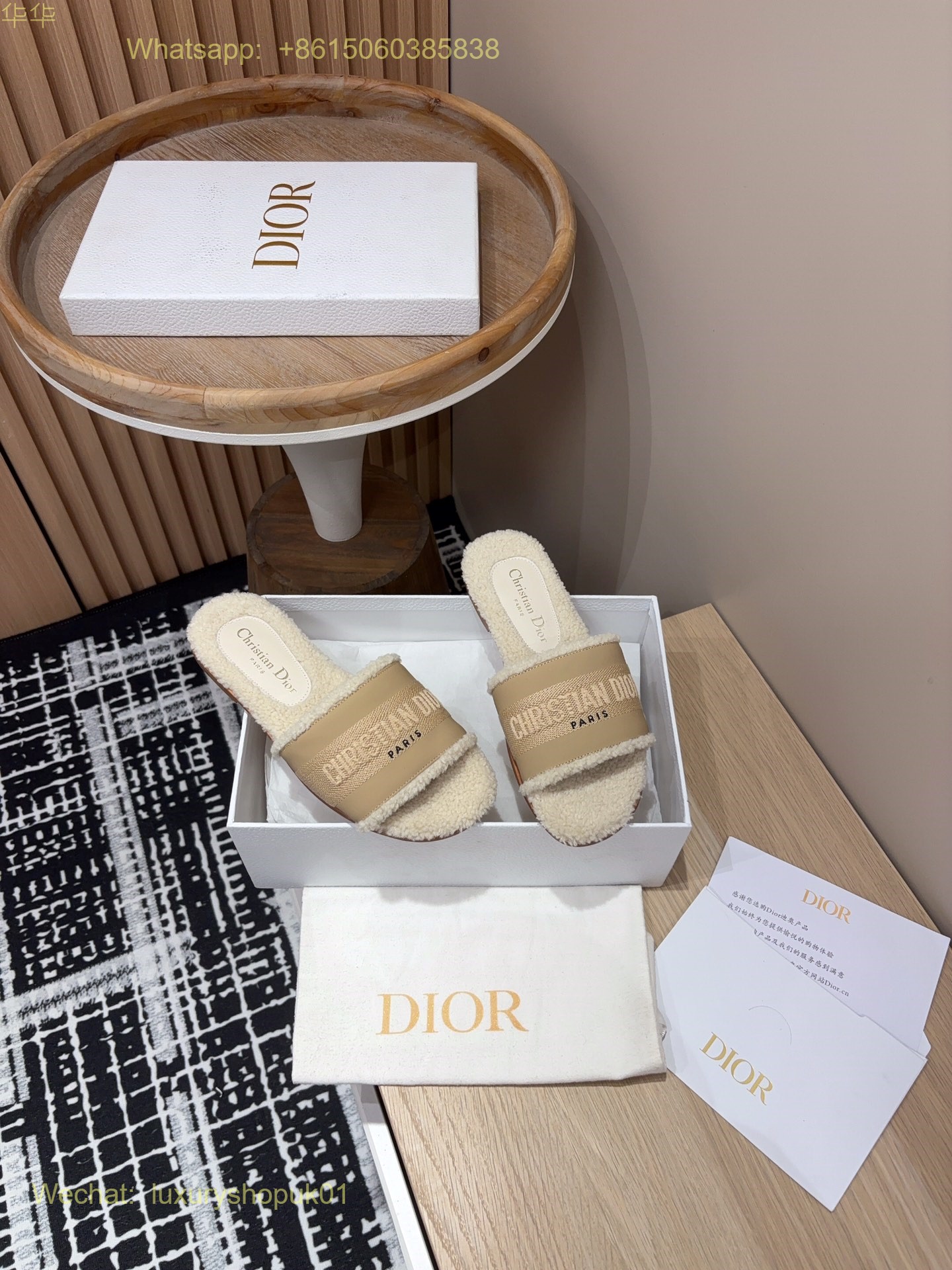 Dior Shearling Fur Logo Canvas Dway Flat Slides Women Shoes