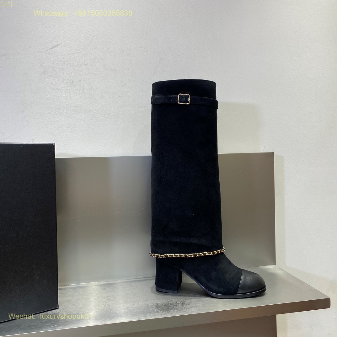 Chanel chain suede leather block heels knee high Boots CC Logo Women Shoes