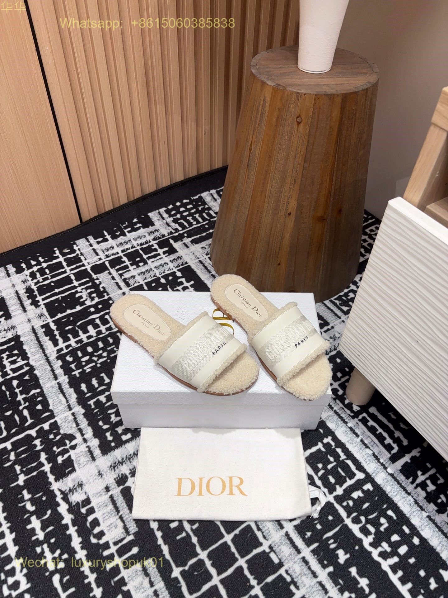 Dior Shearling Fur Logo Canvas Dway Flat Slides Women Shoes