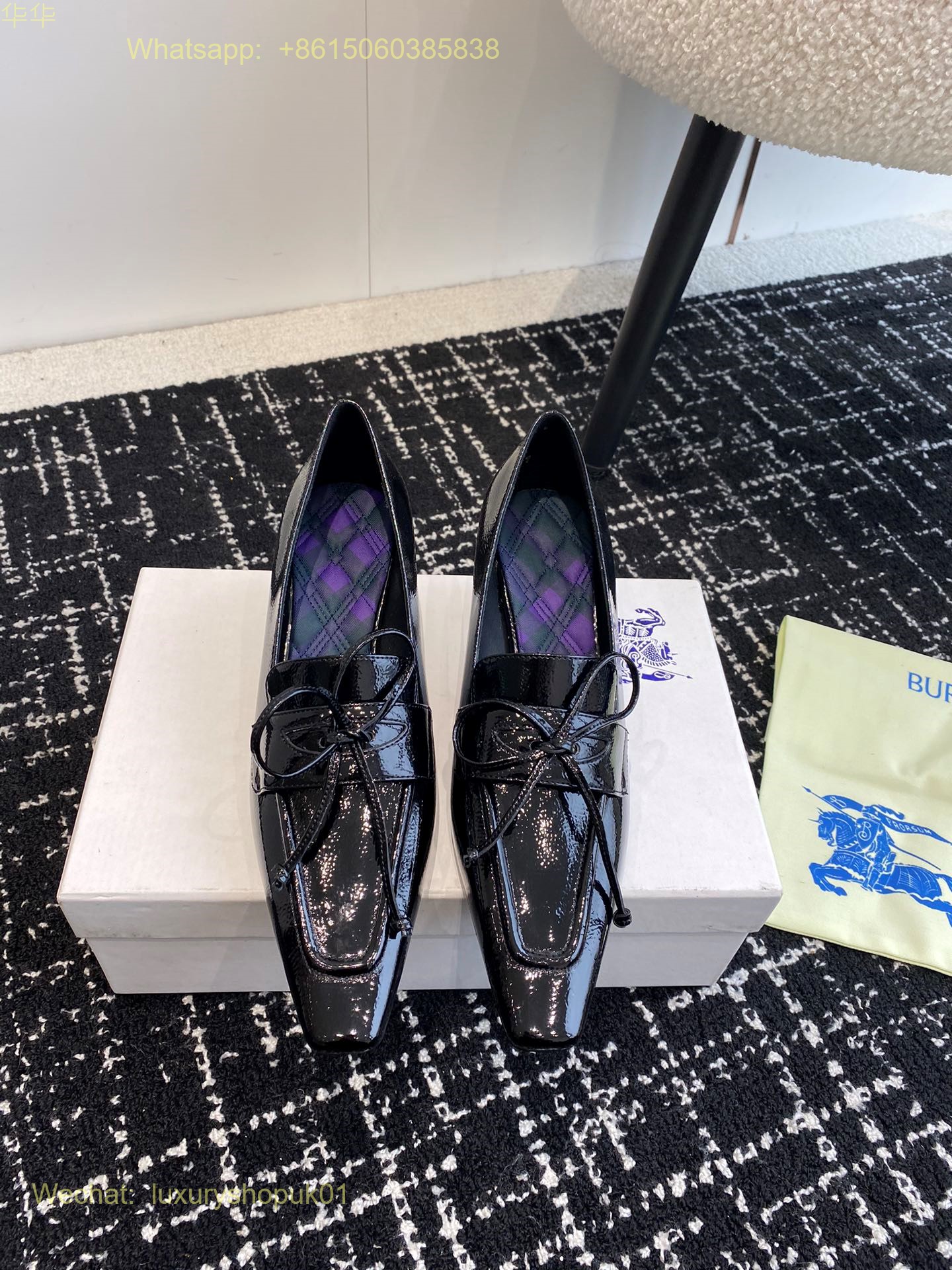 Burberry Storm leather bow strap pumps squared pointed toe kitten heels Women Shoes