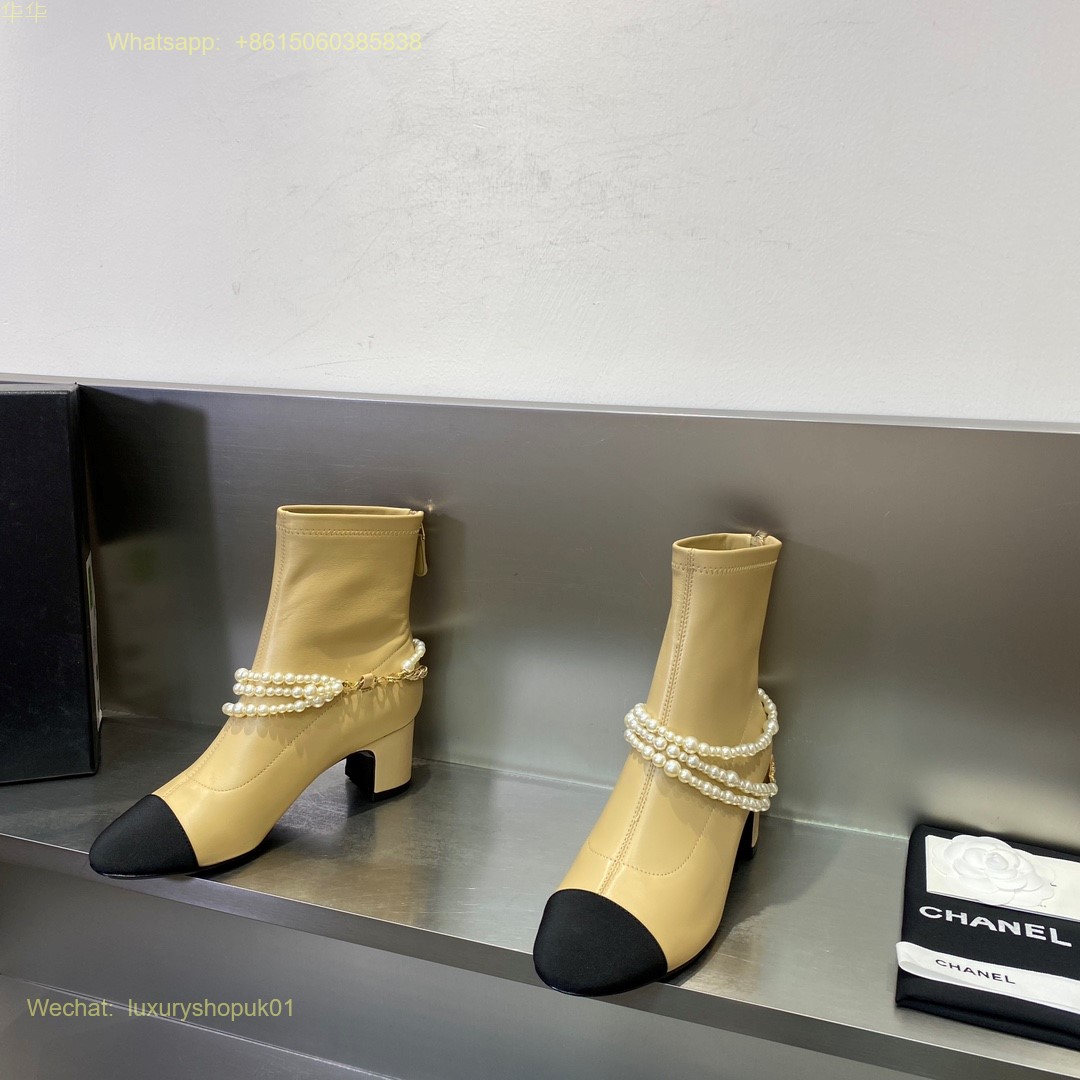 Chanel pearl block heels cap toe ankle boot Women Shoes
