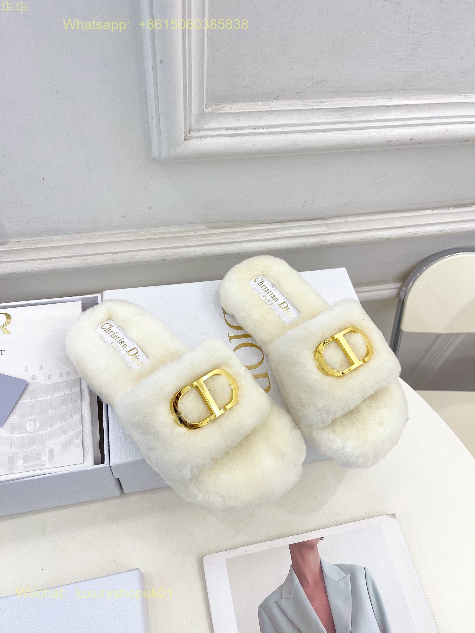 Christian Dior Wool Fur Shearling Slides Women Shoes