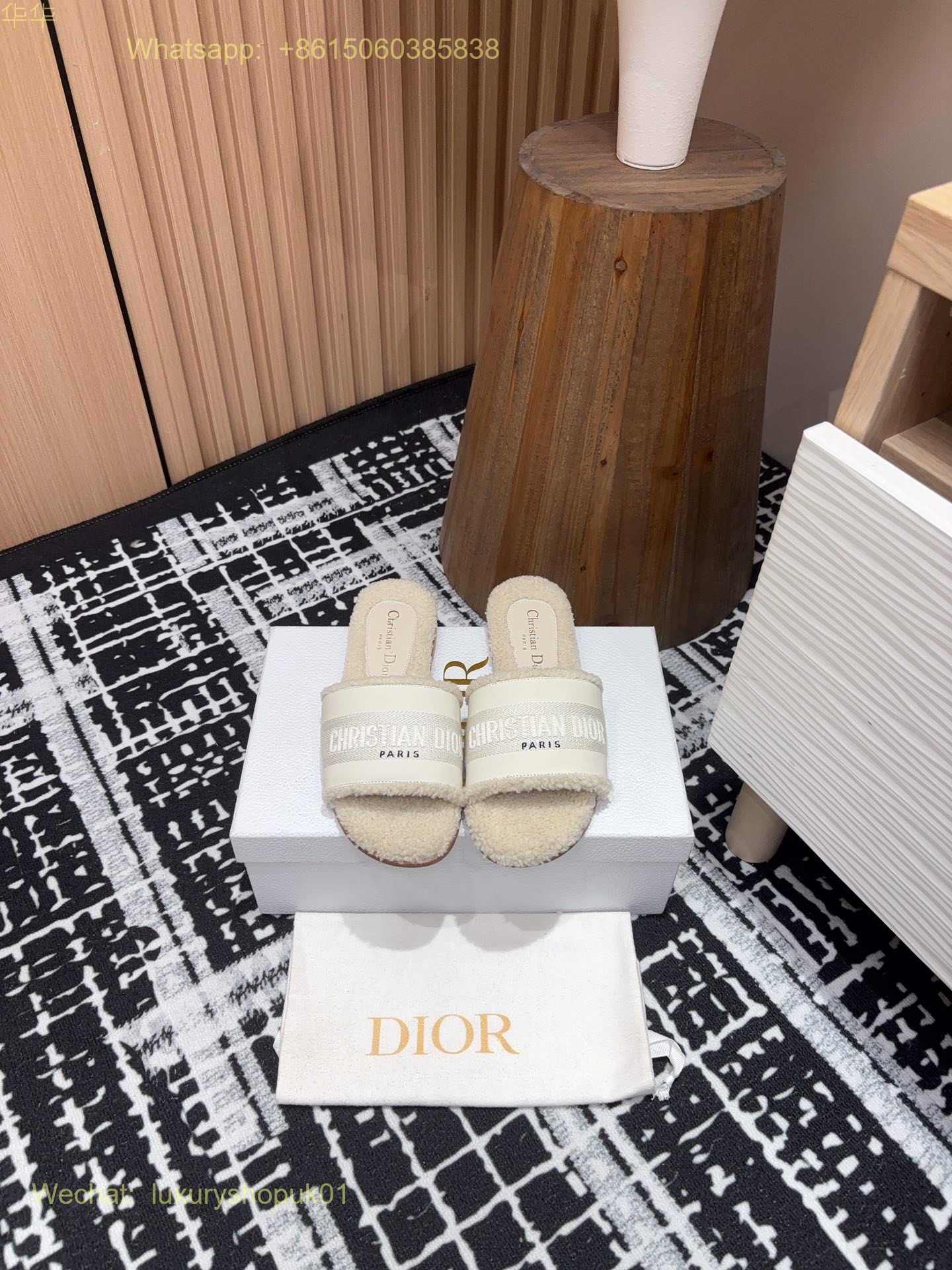 Dior Shearling Fur Logo Canvas Dway Flat Slides Women Shoes